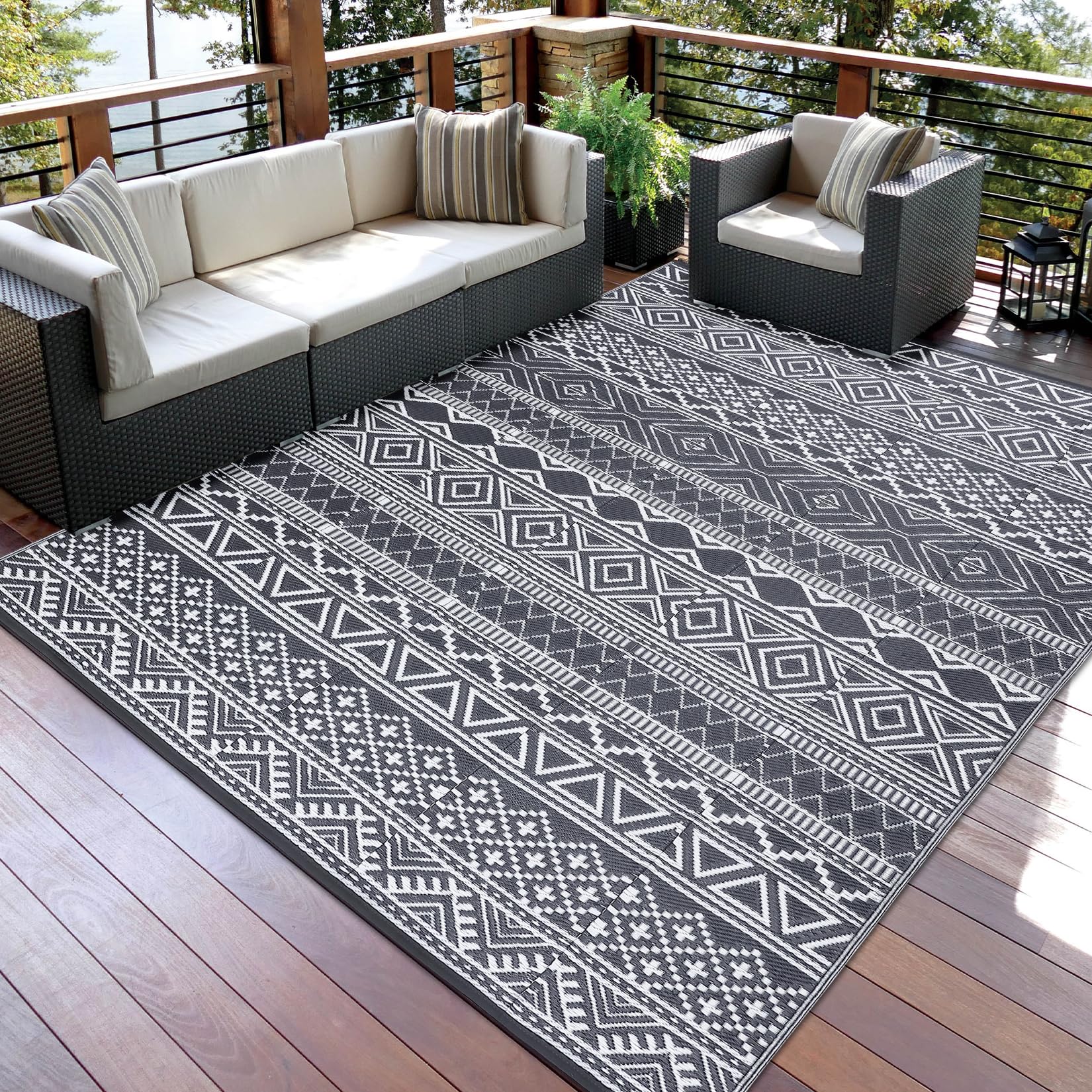 Garvee Outdoor Rug 9x18 Waterproo Large Outdoor Camping Rug Reversible Rv Patio Mats Black Gray Outdoor Plastic Straw Outdoor Ru