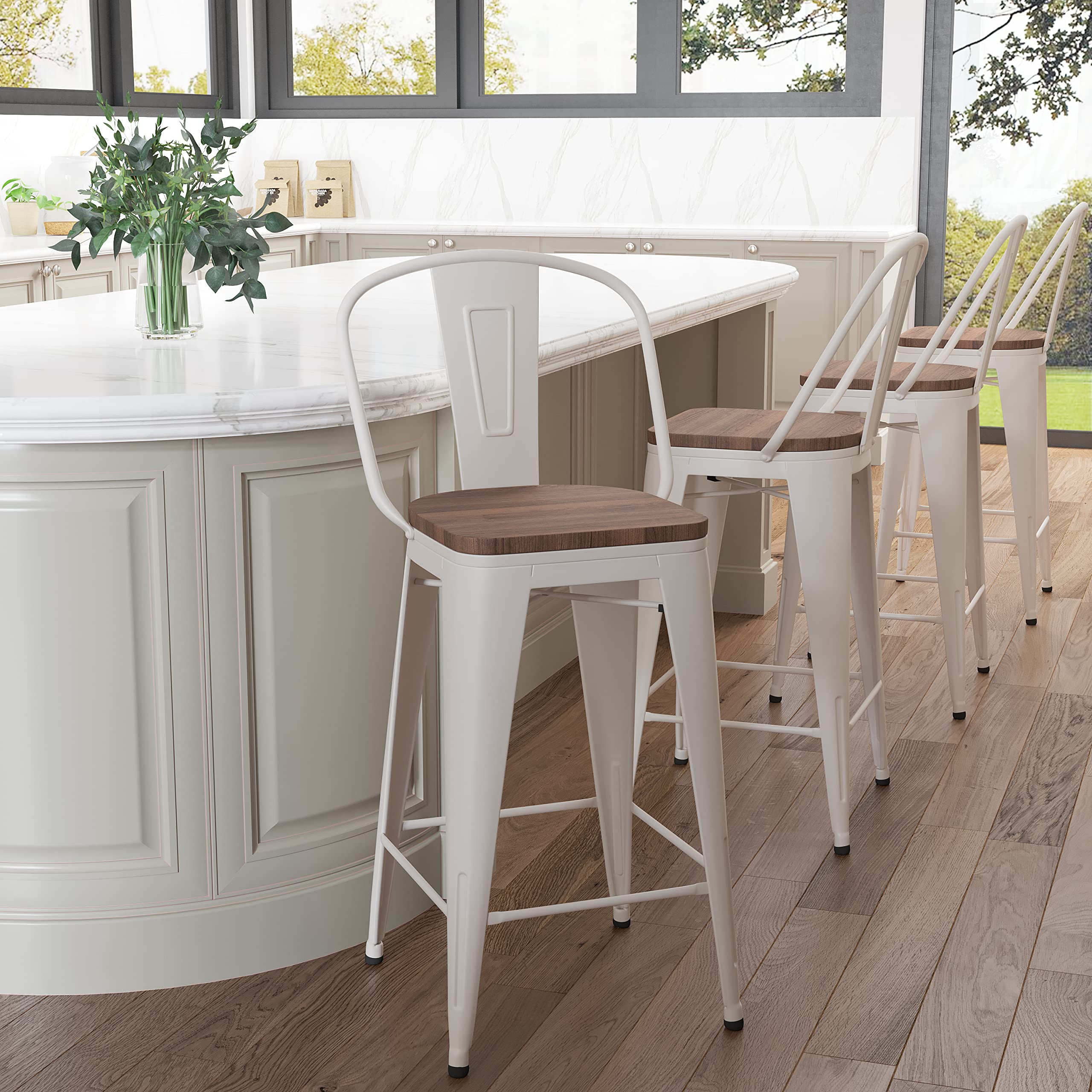 Aklaus Metal Bar Stools Set of 4,24 inch Barstools Counter Height Bar Stool with Back Farmhouse Bar Stools with Larger seat High