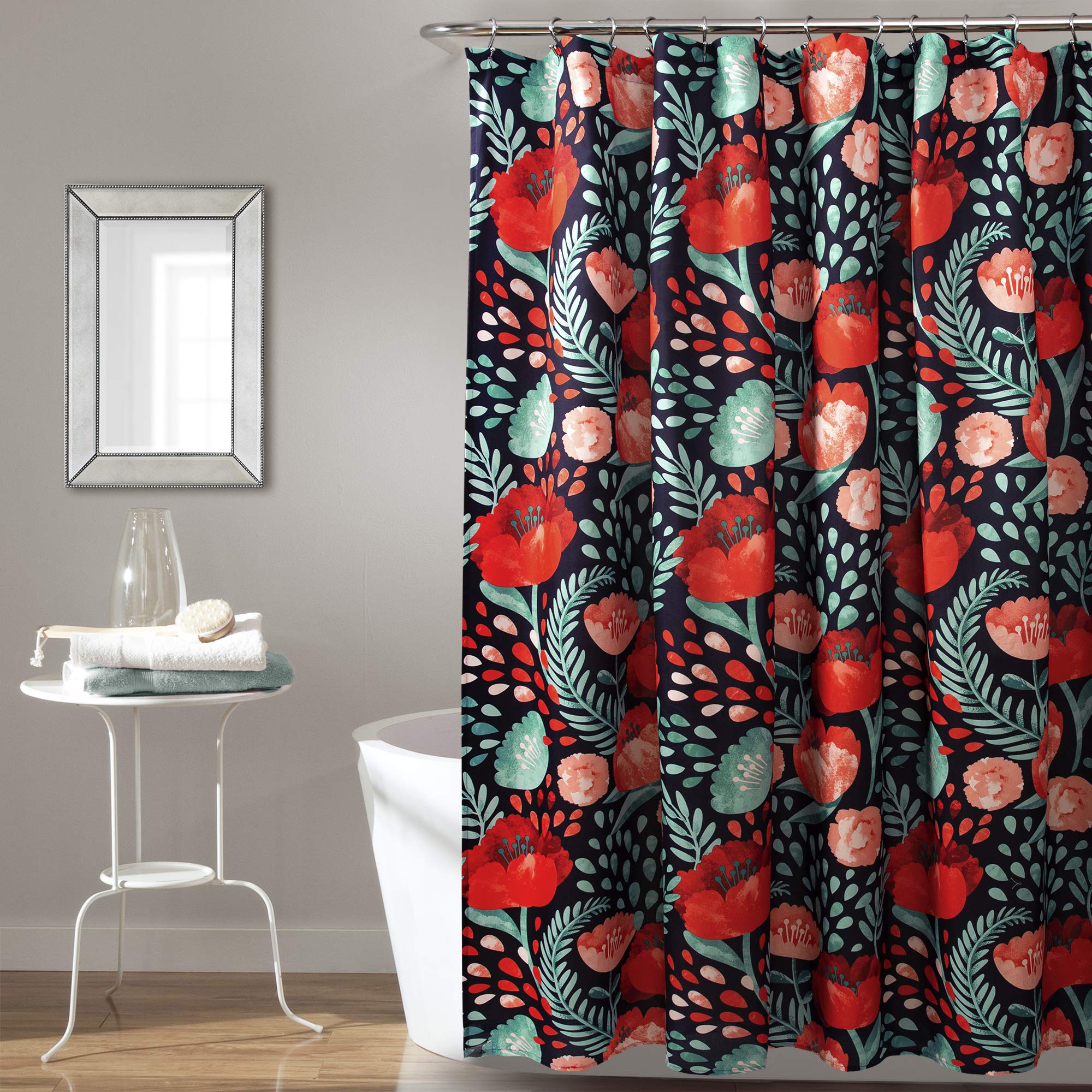Lush Decor, Navy Poppy Garden Shower Curtain, 72 x 72, 72 x 72