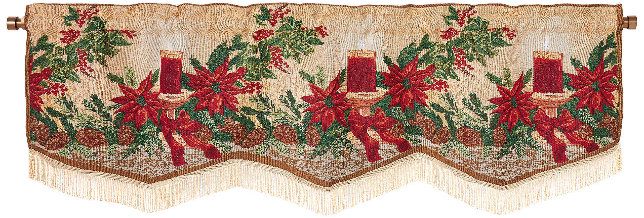Violet Linen Holiday Seasonal Tapestry Decorative Christmas Poinsettias and Candles Design - 60 X 15 Window Valance