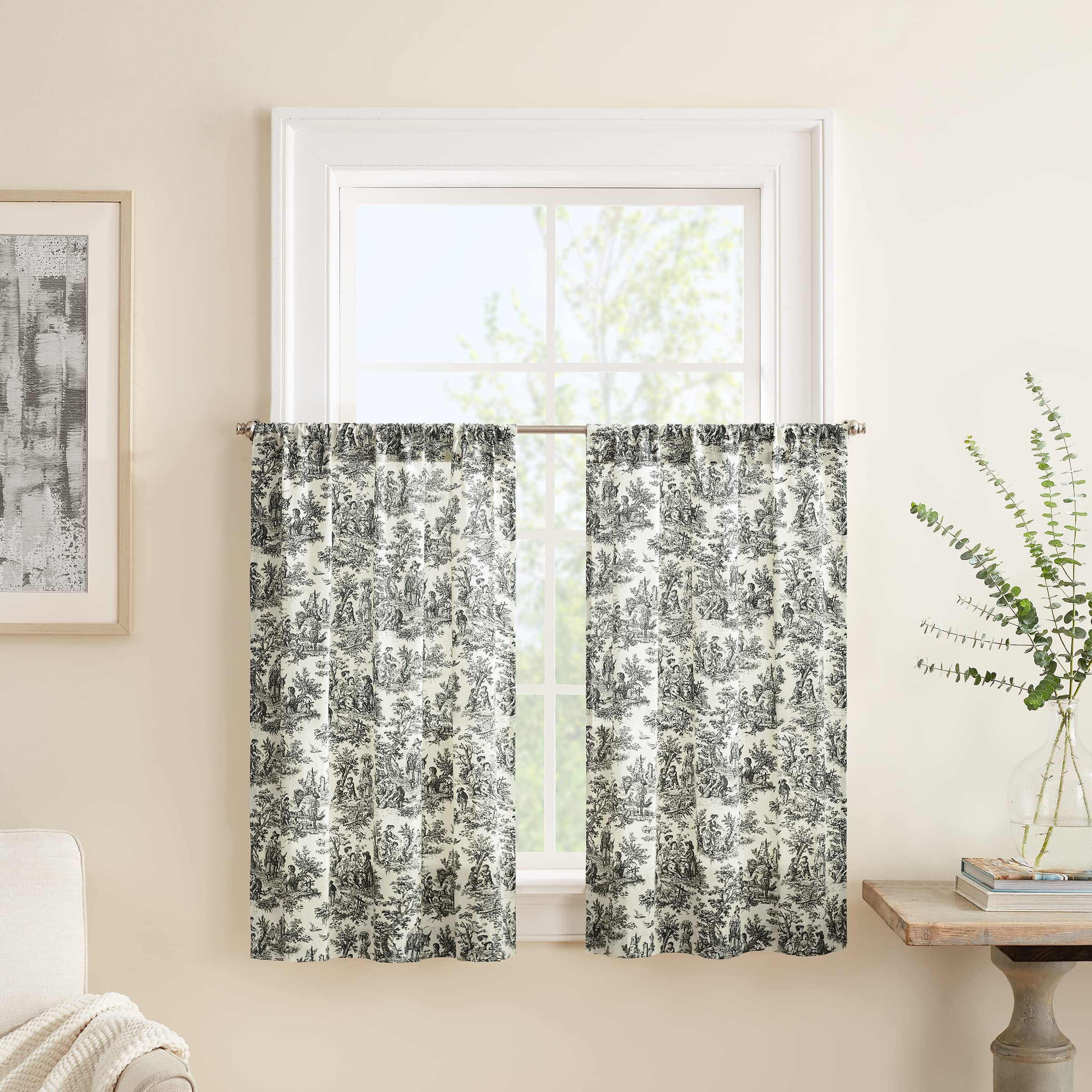 Waverly Charmed Life Classic French Country Rod Pocket Tier Pair for Kitchen or Bathroom, Double Panel, 52 x 36, Onyx