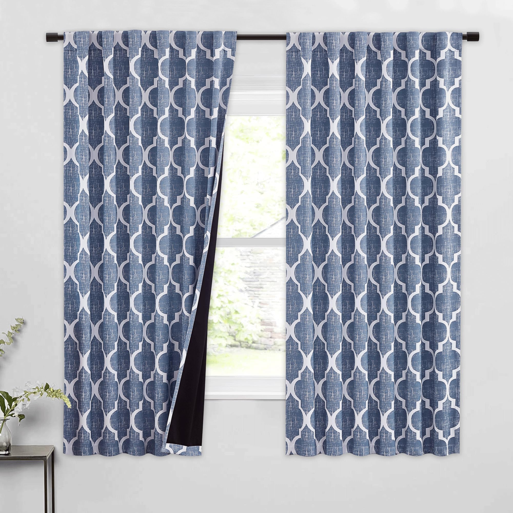Beauoop Back Tab 100% Blackout Window Curtain Panels Moroccan Geo Print Room Darkening Thermal Insulated Energy Efficient Drapes