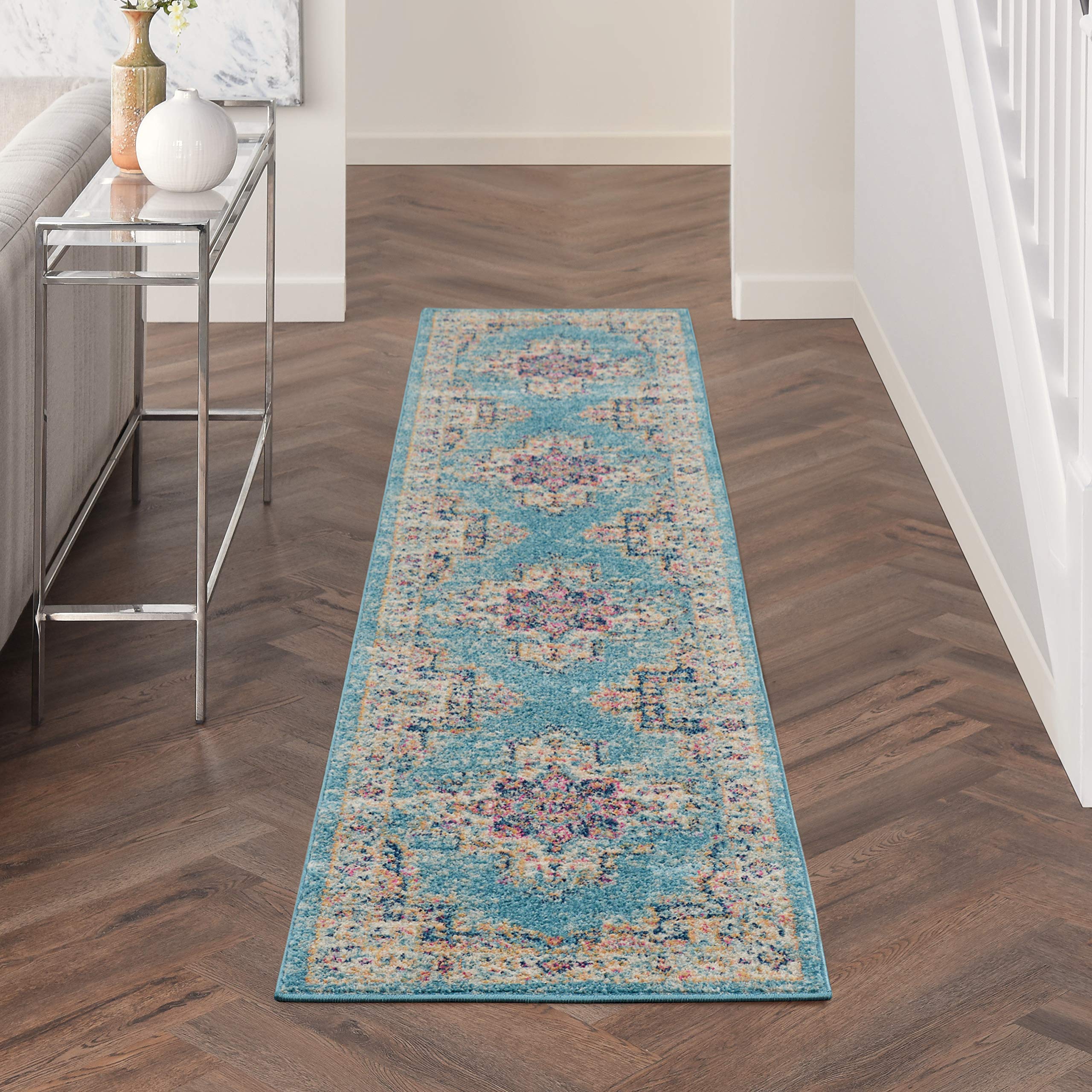 Nourison Passion Light Blue 22 x 10 Area Rug, Boho, Traditional, Easy Cleaning, Non Shedding, Bed Room, Living Room, Hallway, 