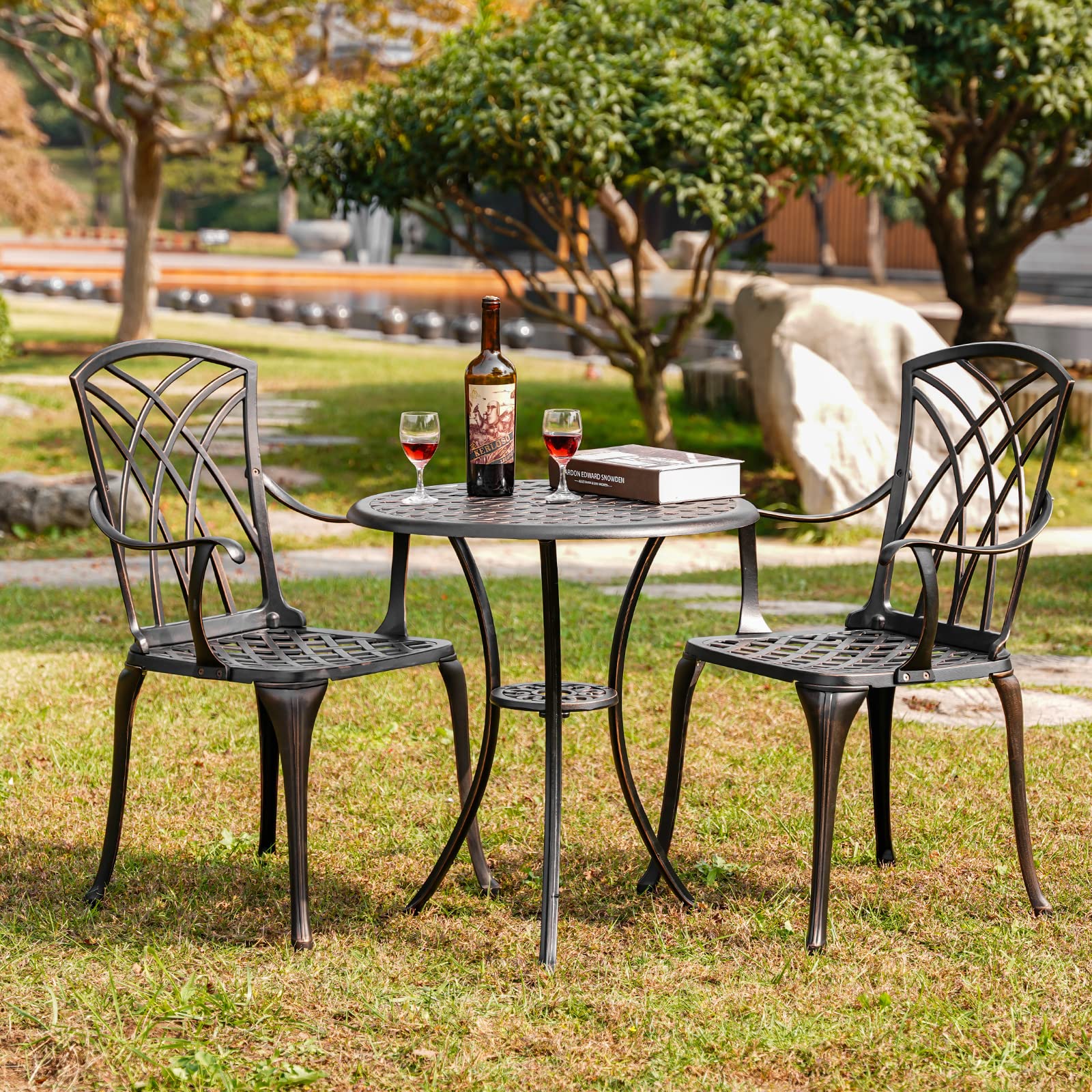 Withniture 3 Piece Bistro Patio Set Cast Alumiunm Patio Furniture Set,All Weather Bistro Table and Chairs Set of 2 with 1.97 Umb