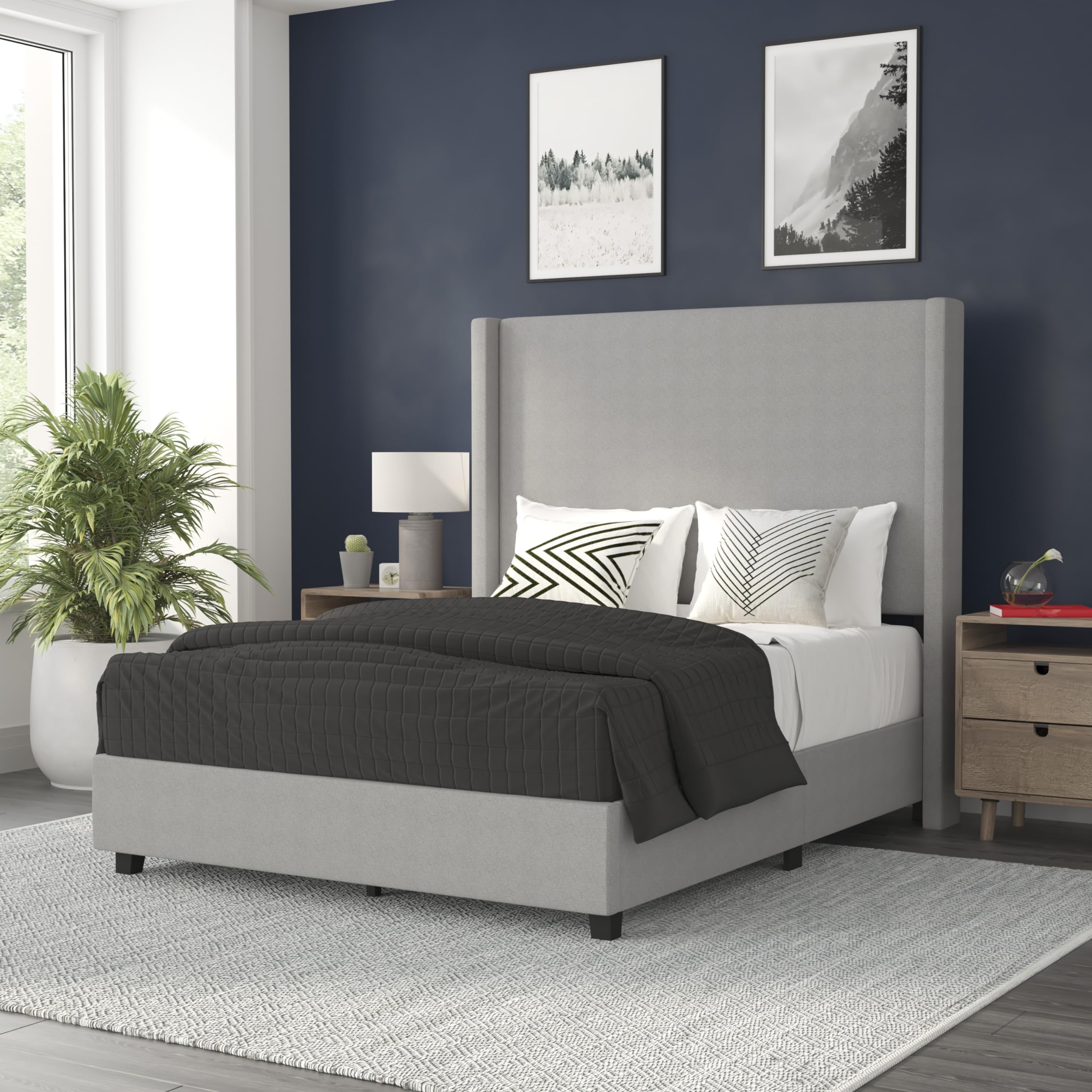 Flash Furniture Quinn Upholstered Platform Bed - Gray Channel Stitched Wingback Headboard - Full - Mattress Foundation with Slat