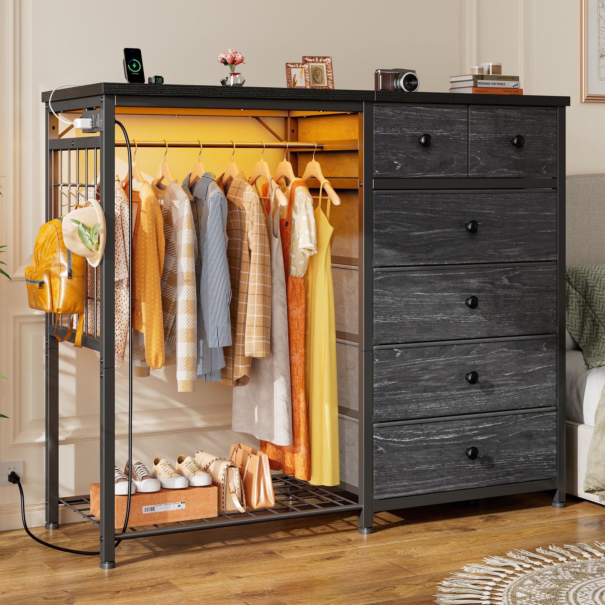 EnHomee 49.2  W Dresser for Bedroom with Hanging Rack 6 Drawers Dresser with LED Lights & Charging Station, Fabric Dressers & Ch