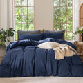 MooMee Bedding Duvet Cover Set 100% Washed Cotton Linen Like Textured Breathable Durable Soft Comfy (Solid Navy, Queen 90x90)