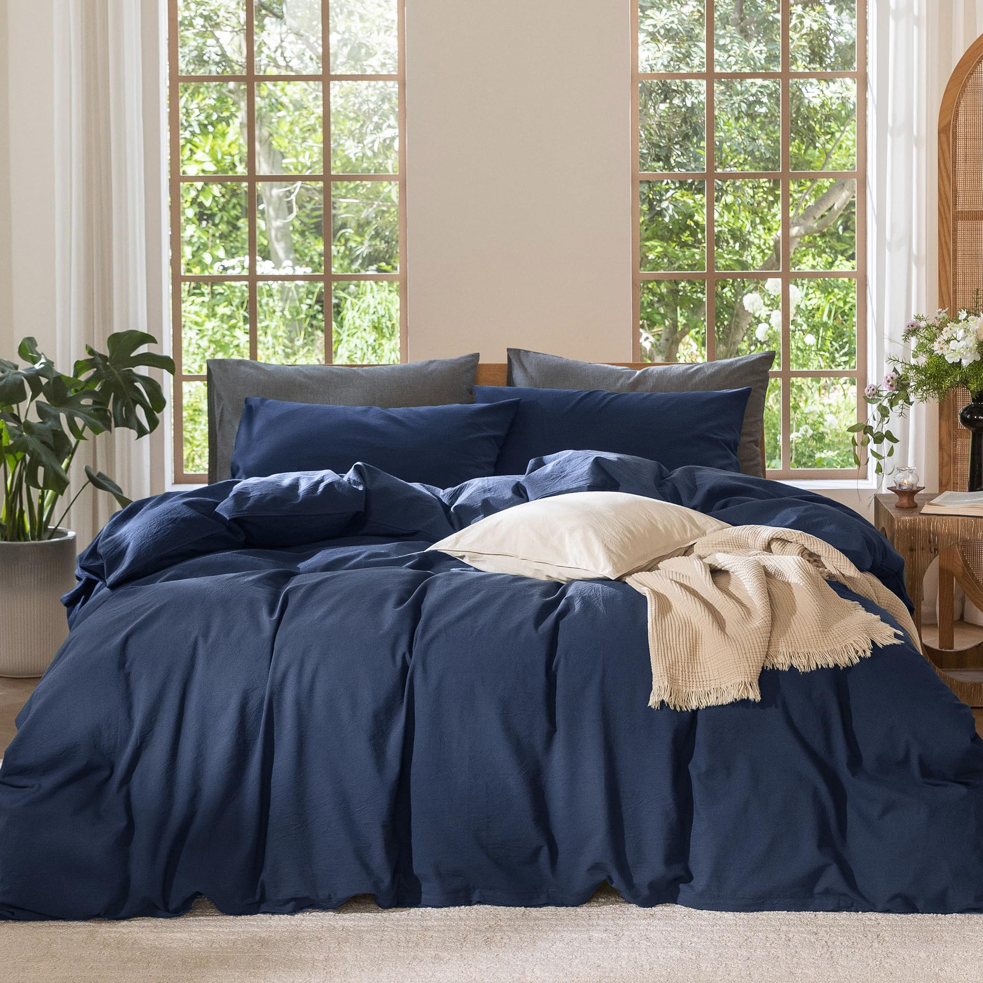 MooMee Bedding Duvet Cover Set 100% Washed Cotton Linen Like Textured Breathable Durable Soft Comfy (Solid Navy, Queen 90x90)