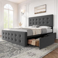 IDEALHOUSE Queen Size Bed Frame with 4 Storage Drawers and Headboard, Linen Upholstered Platform Bed Frame with Wooden Slats Sup
