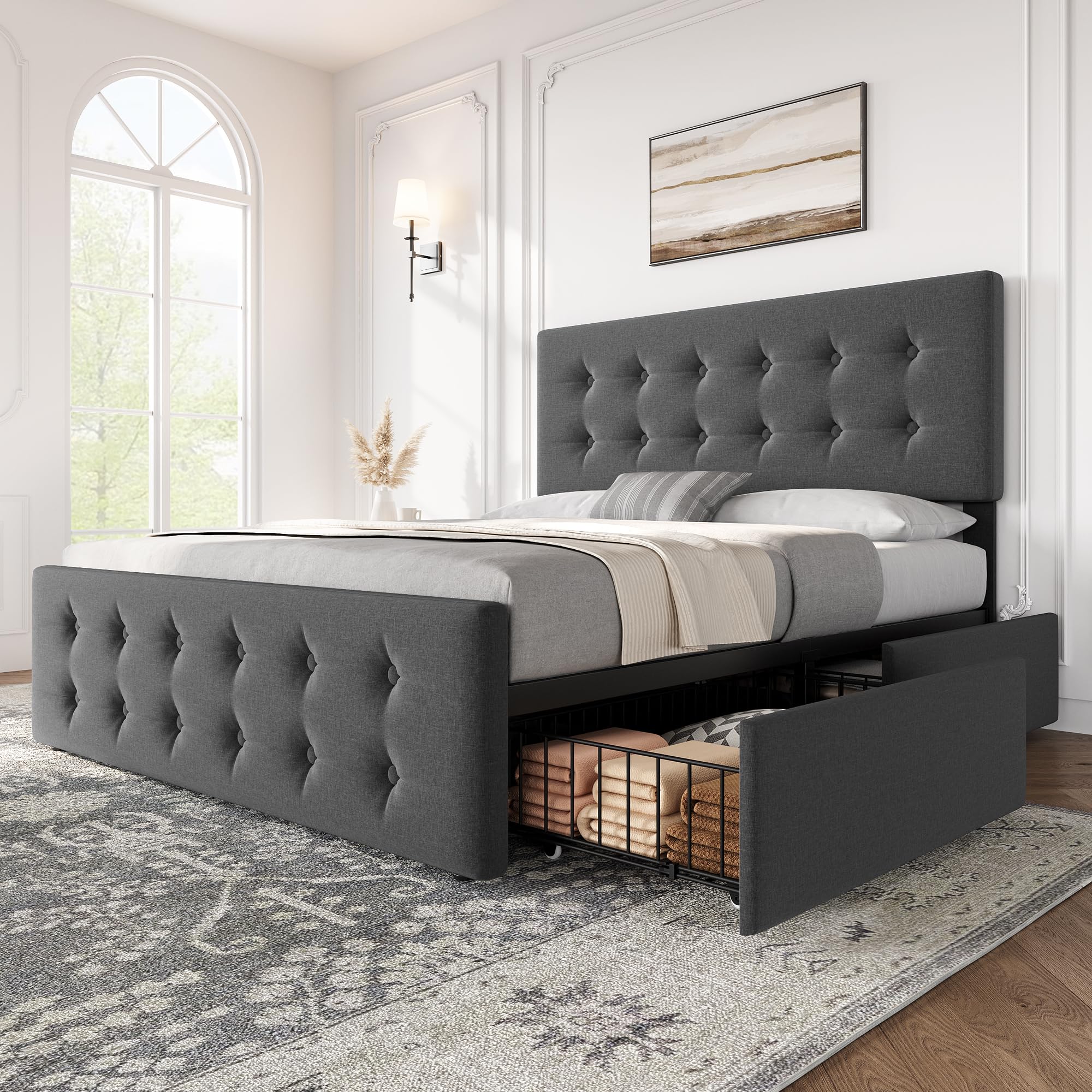 IDEALHOUSE Queen Size Bed Frame with 4 Storage Drawers and Headboard, Linen Upholstered Platform Bed Frame with Wooden Slats Sup