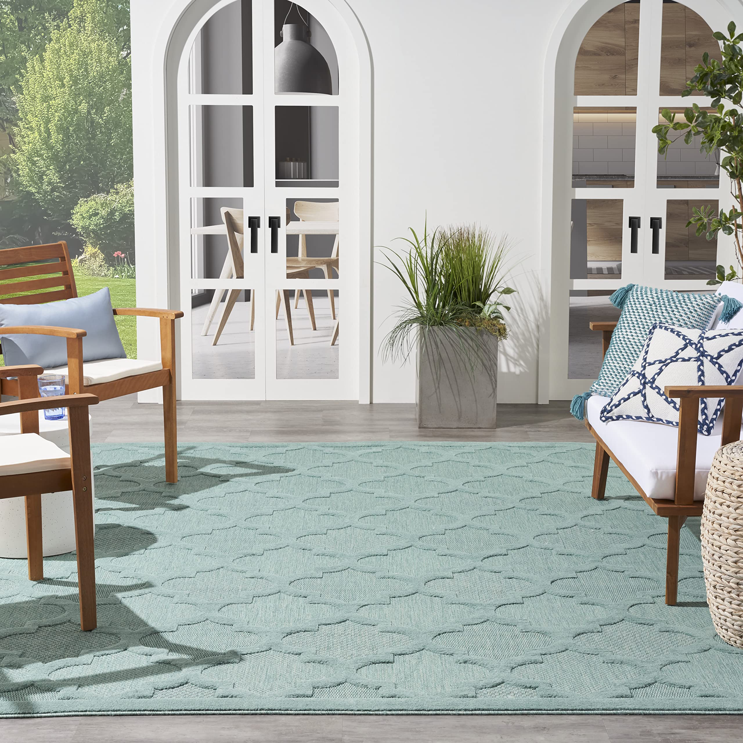 Nourison Home Easy Care Moroccan Aqua/Teal 8 x 10 Area Rug, Trellis, Easy Cleaning, Non Shedding, Bed Room, Living Room, Dinin