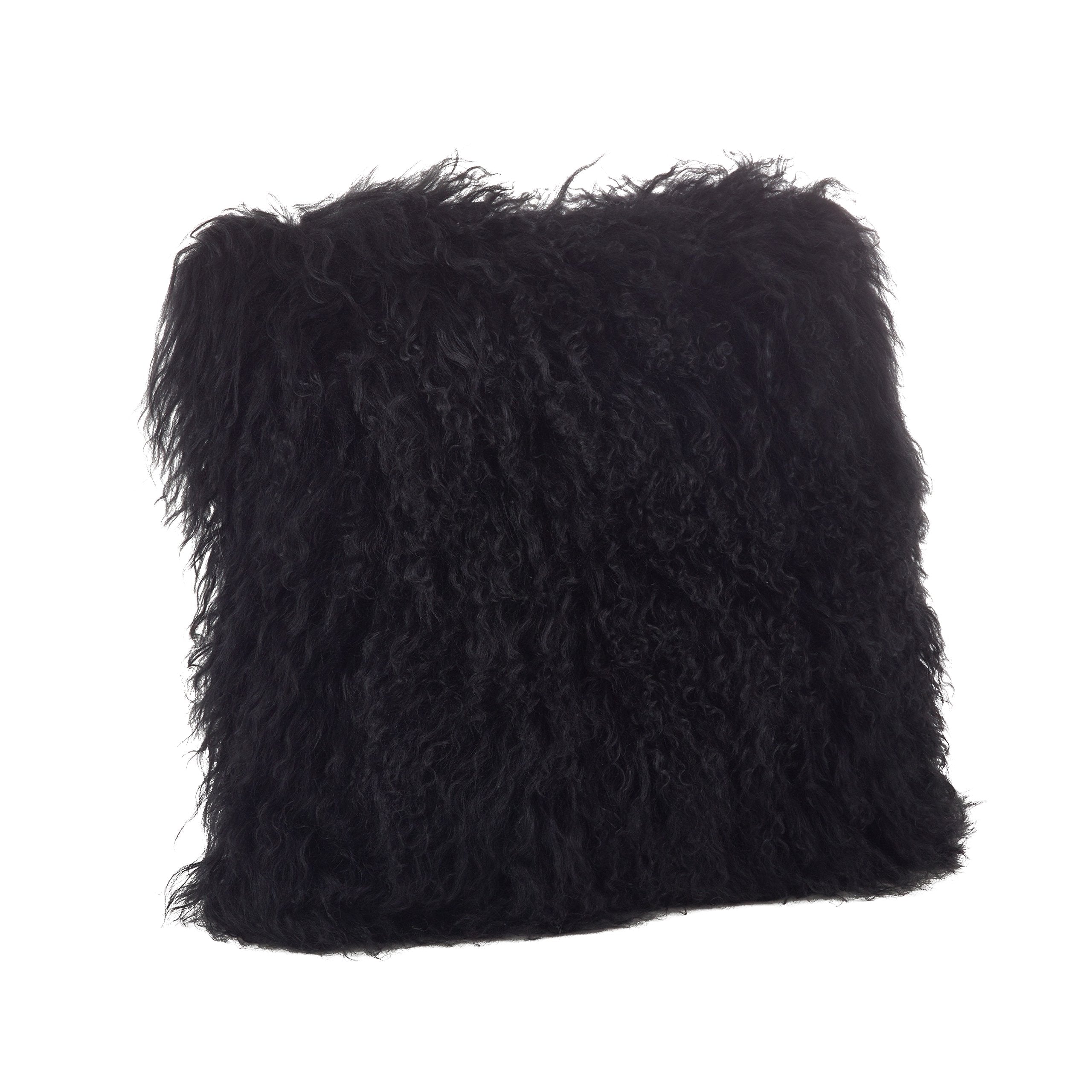 SARO LIFESTYLE 100% Wool Mongolian Lamb Fur Throw Pillow with Poly Filling, 20, Black