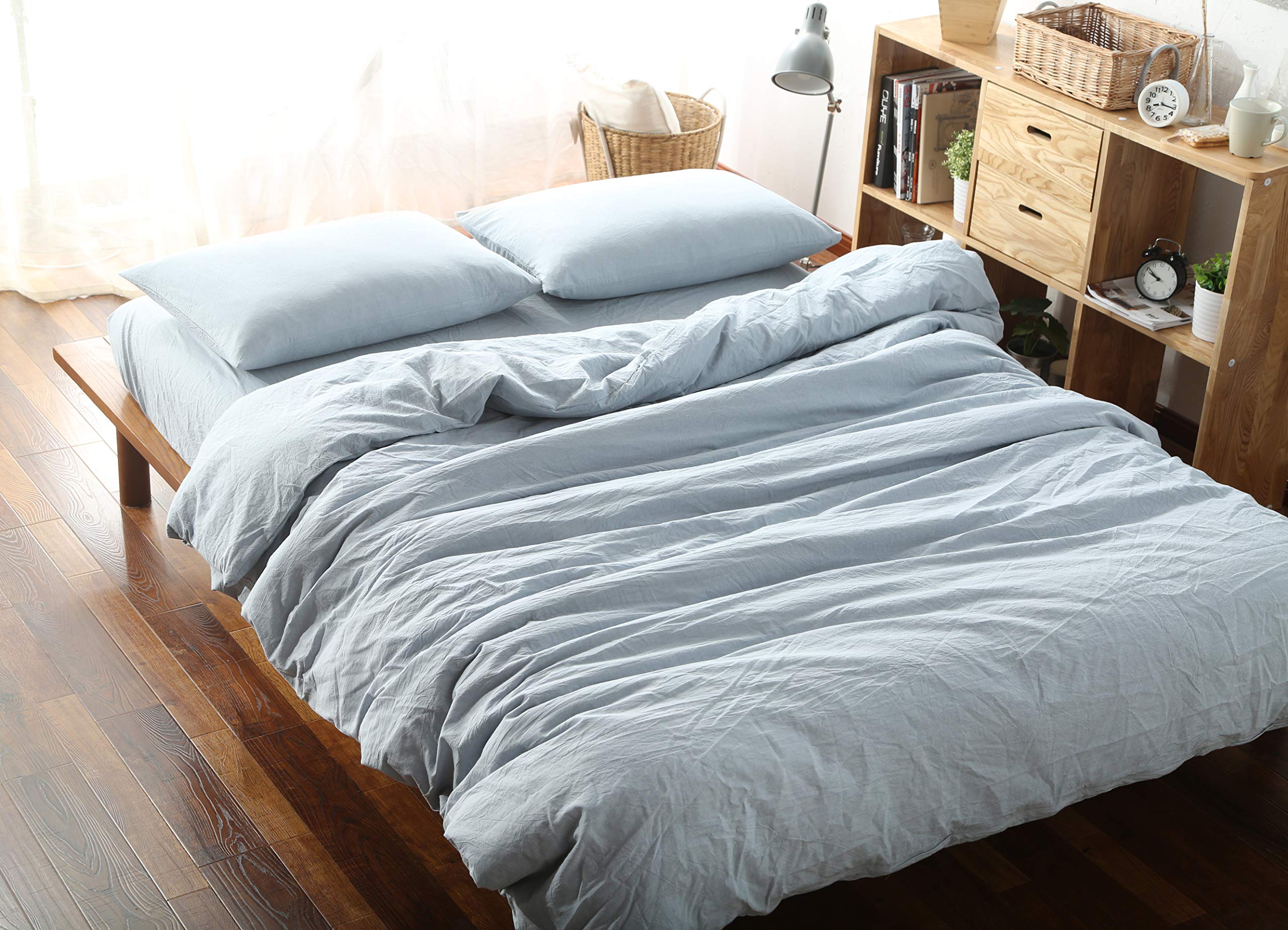 F.Y.Dreams 100% Washed Cotton Duvet Cover for Weighted Blanket 80x87 inches with 8 Ties, Zipper on Long Side/Light Blue/Just Duv