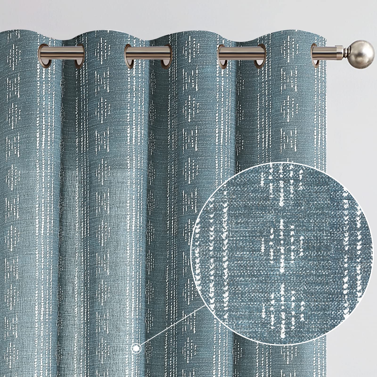 jinchan Boho Curtains Linen Curtains for Living Room Blue Farmhouse Curtains 84 Inch Length Geometric Striped Mudcloth Light Fil