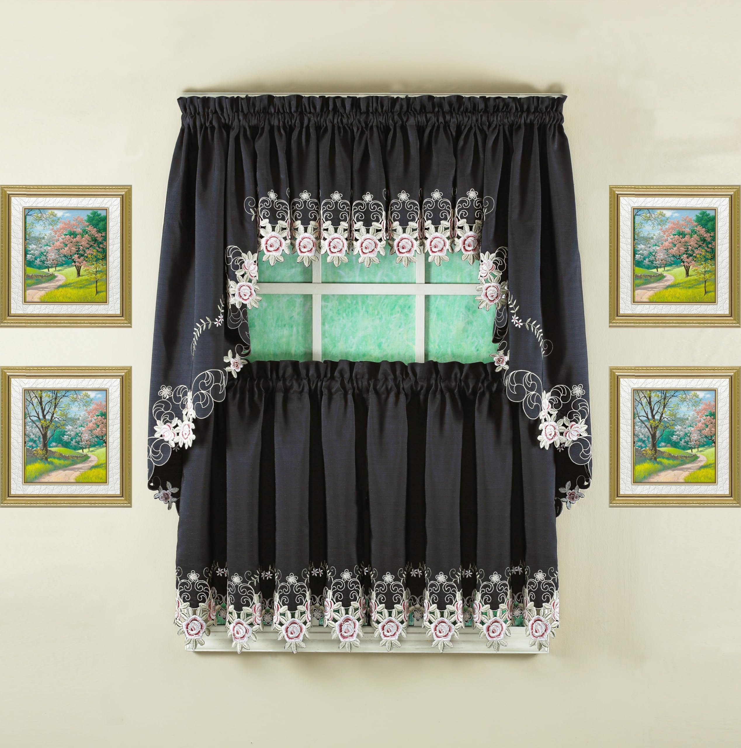 Todays Curtain Verona Reverse Embroidery Tier, 36, Black/Rose, 60 W X 36 L