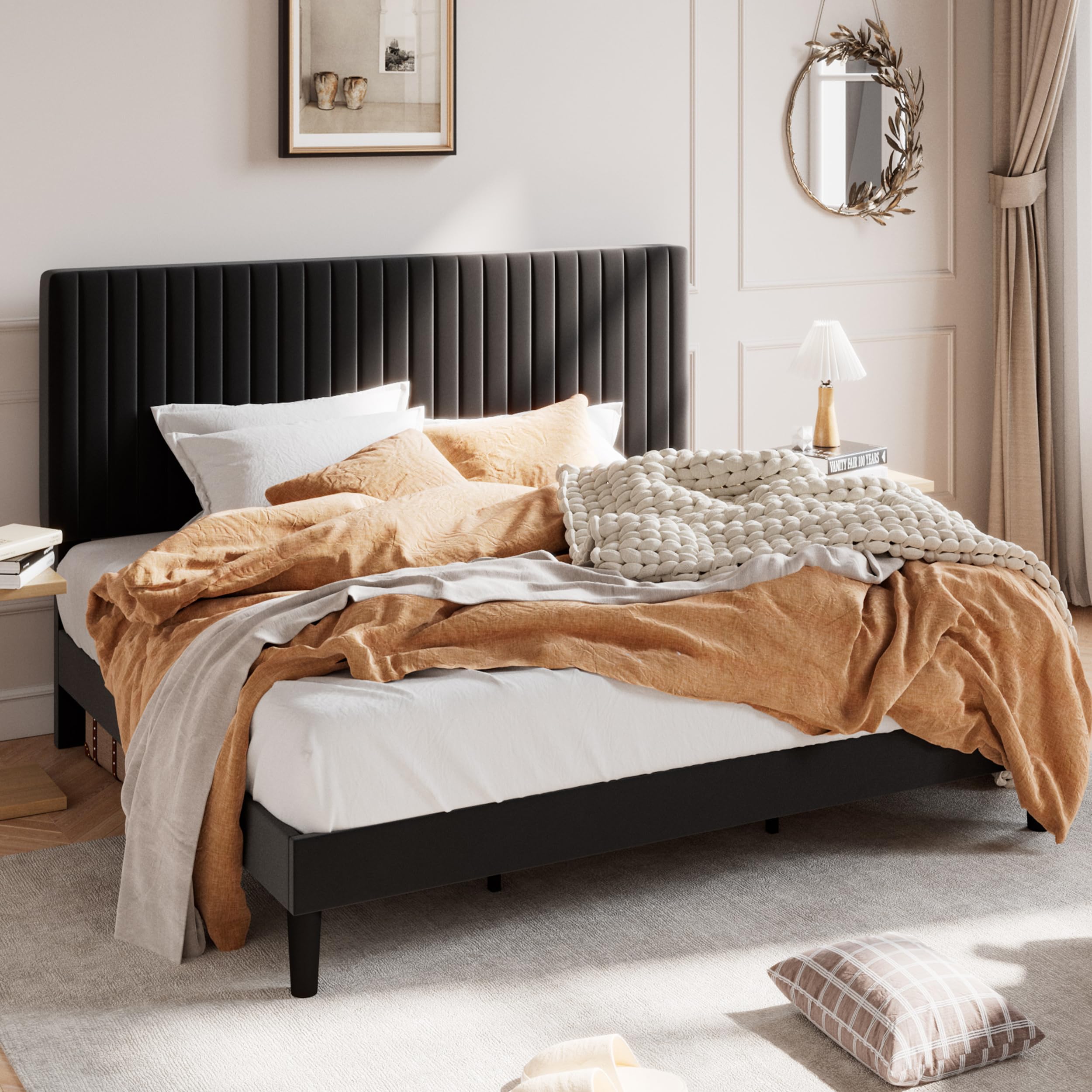 SHA CERLIN King Upholstered Platform Bed Frame with Adjustable Headboard/Vertical Channel Tufted Velvet Fabric/Wooden Slats Supp