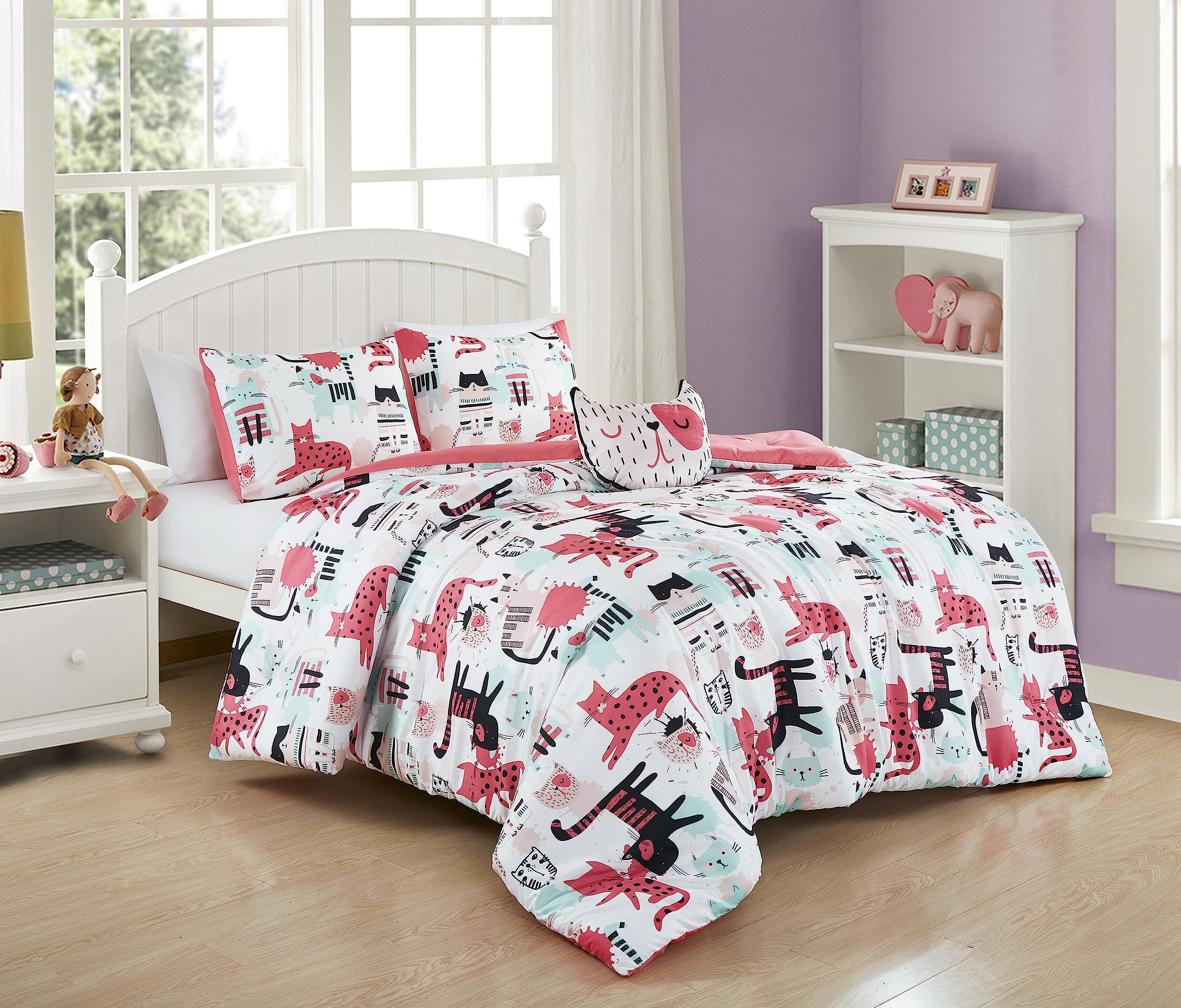 Chezmoi Collection 3-Piece Cartoon Cats Bedding Set Twin Size - Blue Pink Black Soft Microfiber Comforter Set w/Cat Throw Pillow