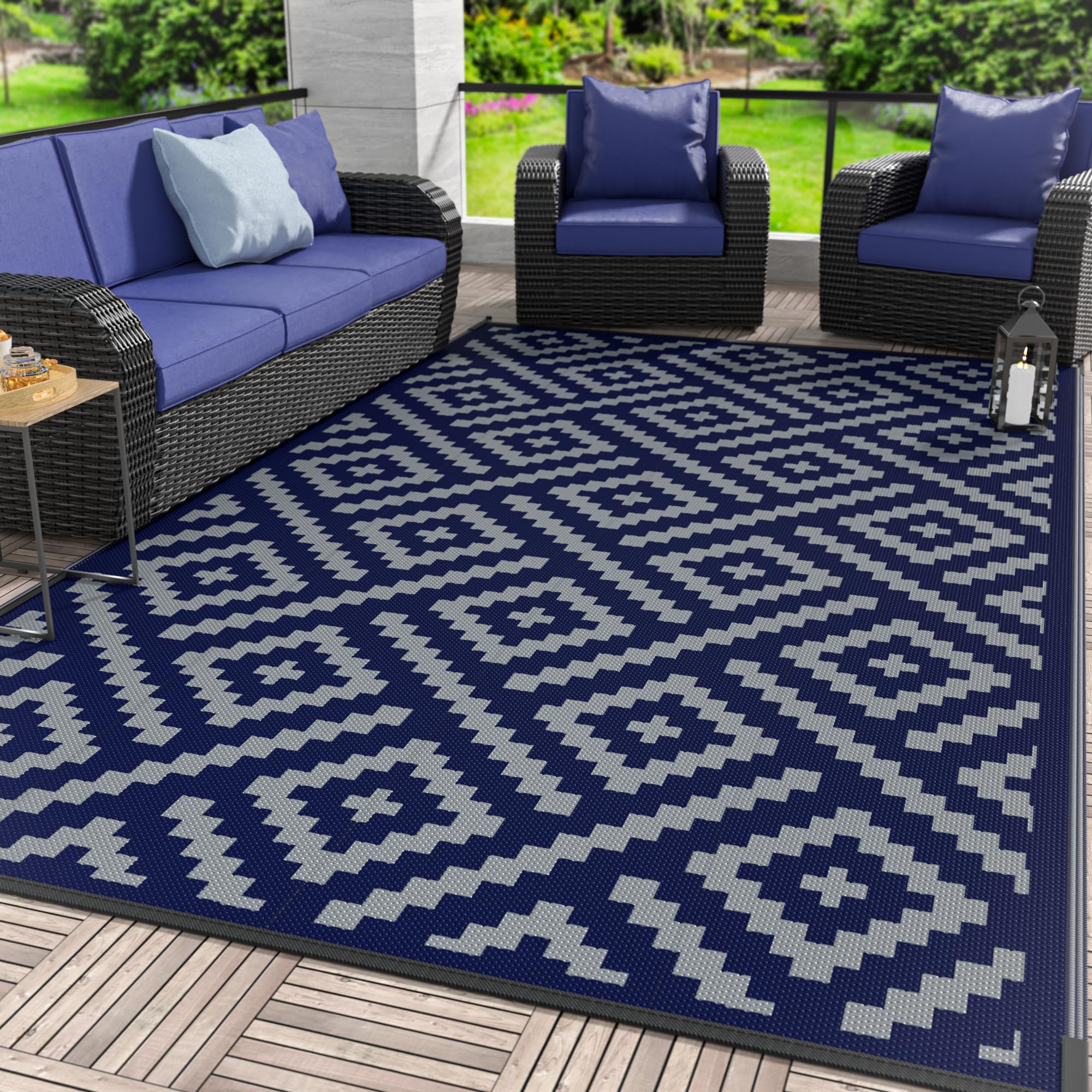 GENIMO Outdoor Rug for Patio Clearance, 6x9 Waterproof Camping Mat, Reversible Plastic Straw Rugs for RV, Camper, Balcony, Bac