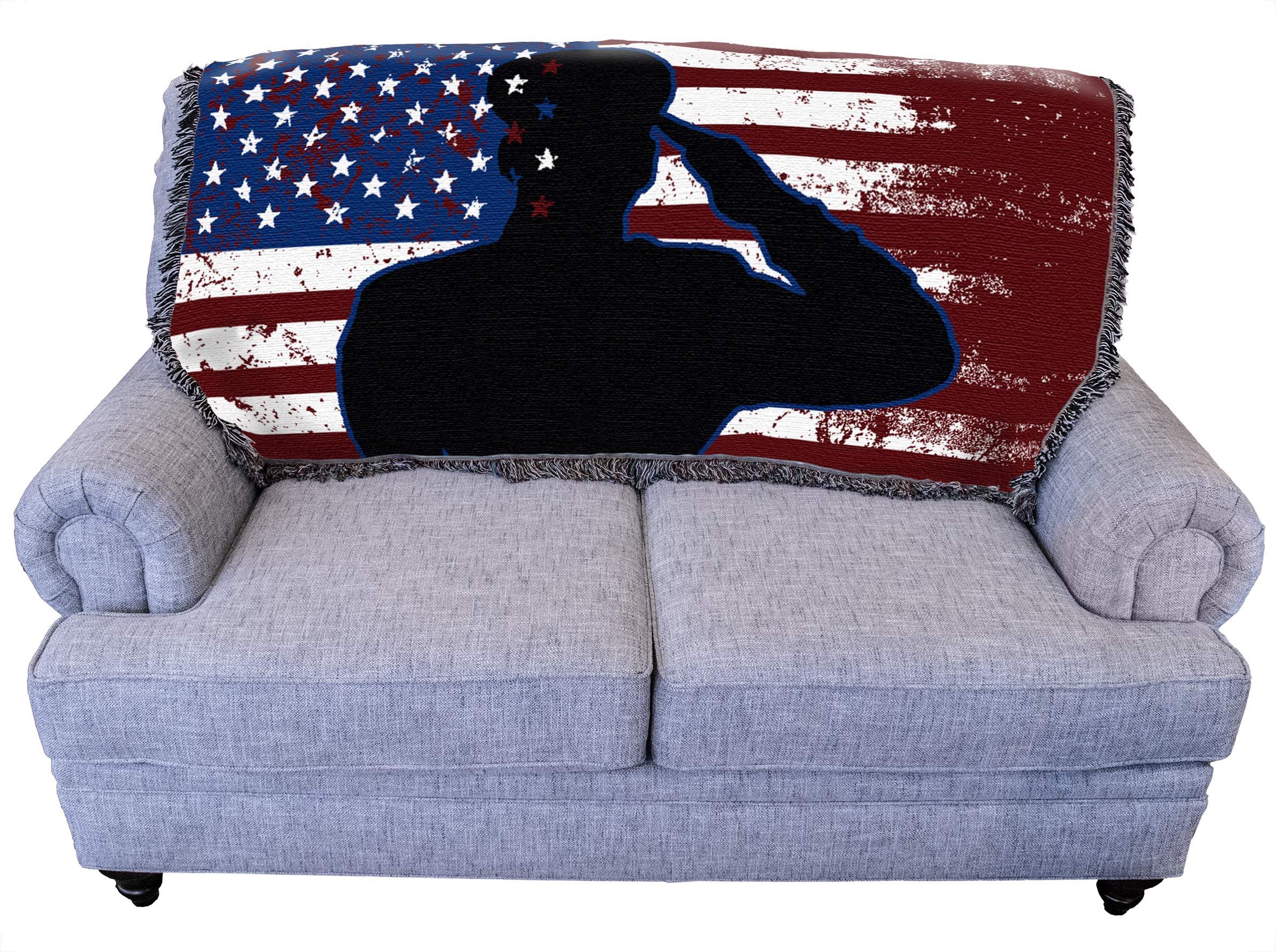 Pure Country Weavers Soldier Salute 3 American Flag Blanket - Gift Military Tapestry Throw for Back of Couch or Sofa - Woven fro