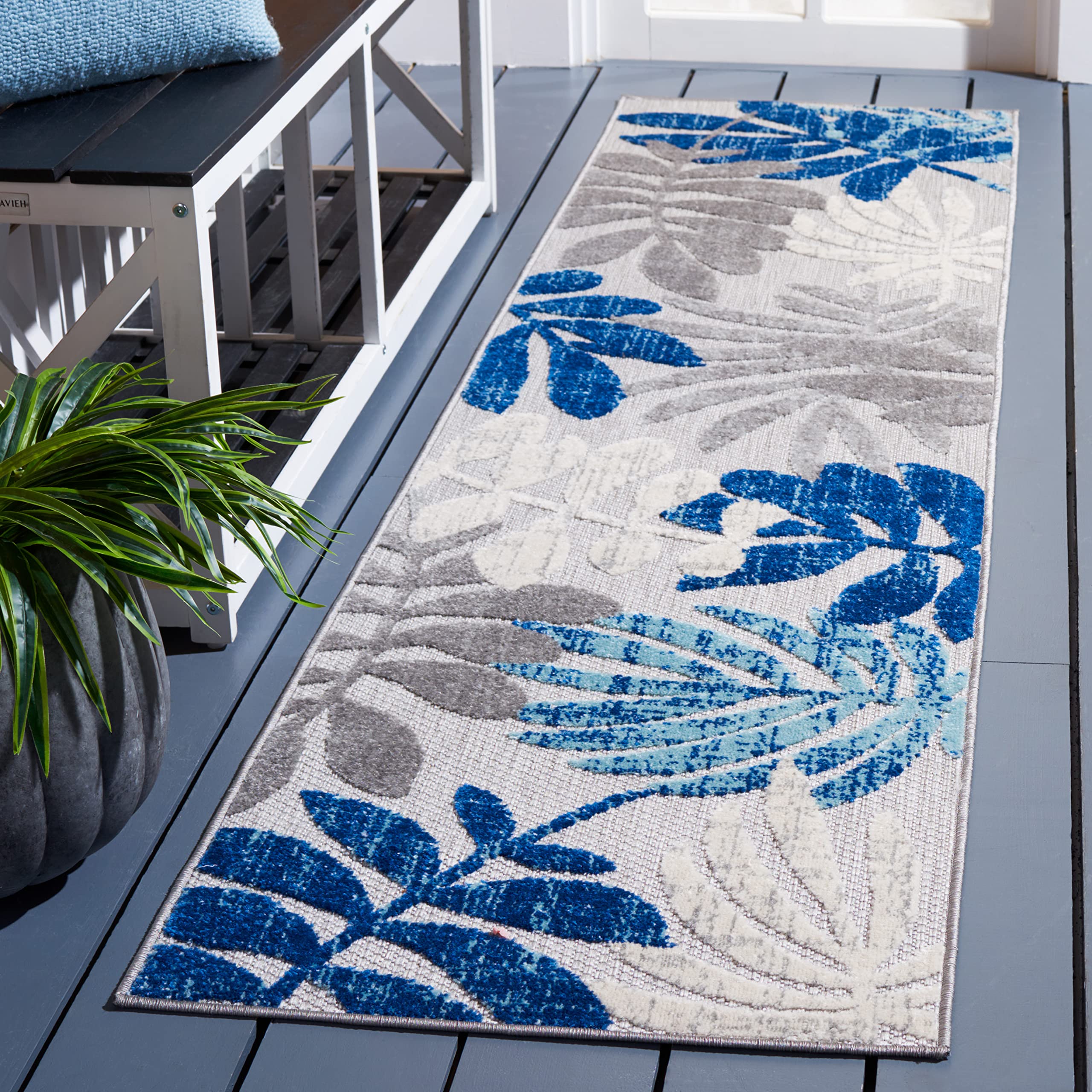 SAFAVIEH Cabana Collection 2 x 8 Grey/Blue CBN814F Botanical Indoor/ Outdoor Non-Shedding Easy Cleaning Patio Backyard Porch D
