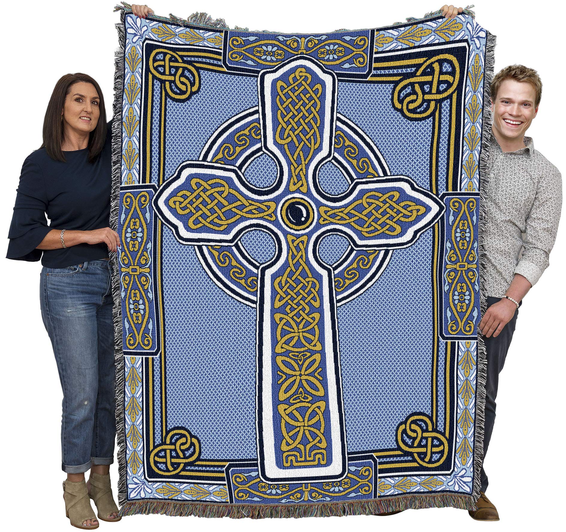 Pure Country Weavers Celtic Knots Cross Blanket - Blue - Gift Tapestry Throw Woven from Cotton - Made in The USA (72x54)