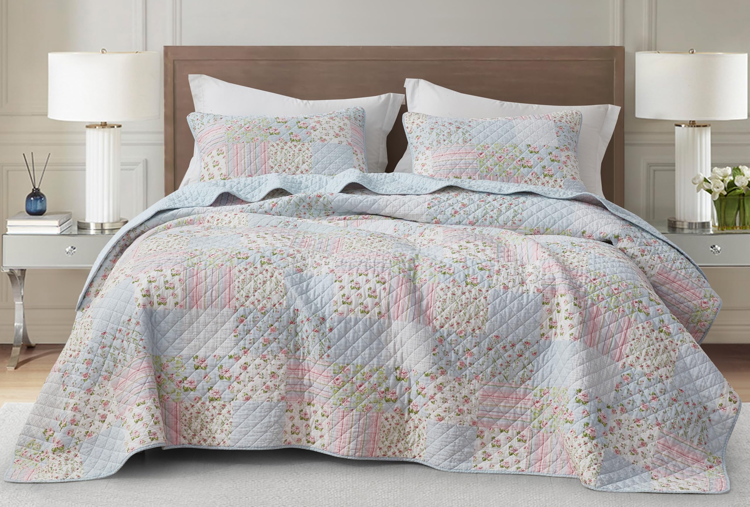Chezmoi Collection Holly 2-Piece Printed Patchwork Cotton Quilt Set - Flower Floral Candy Stripe Polka Dots - Stone Washed Light