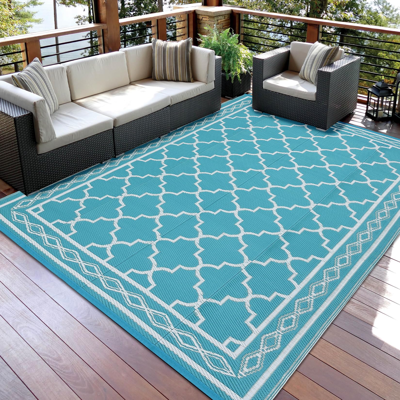 COZYLOOM Outdoor Rug Carpet Waterproof 8x10 ft Reversible Patio Rug Moroccan Print Camping Rug Plastic Straw Rug Geometric Rv Ma