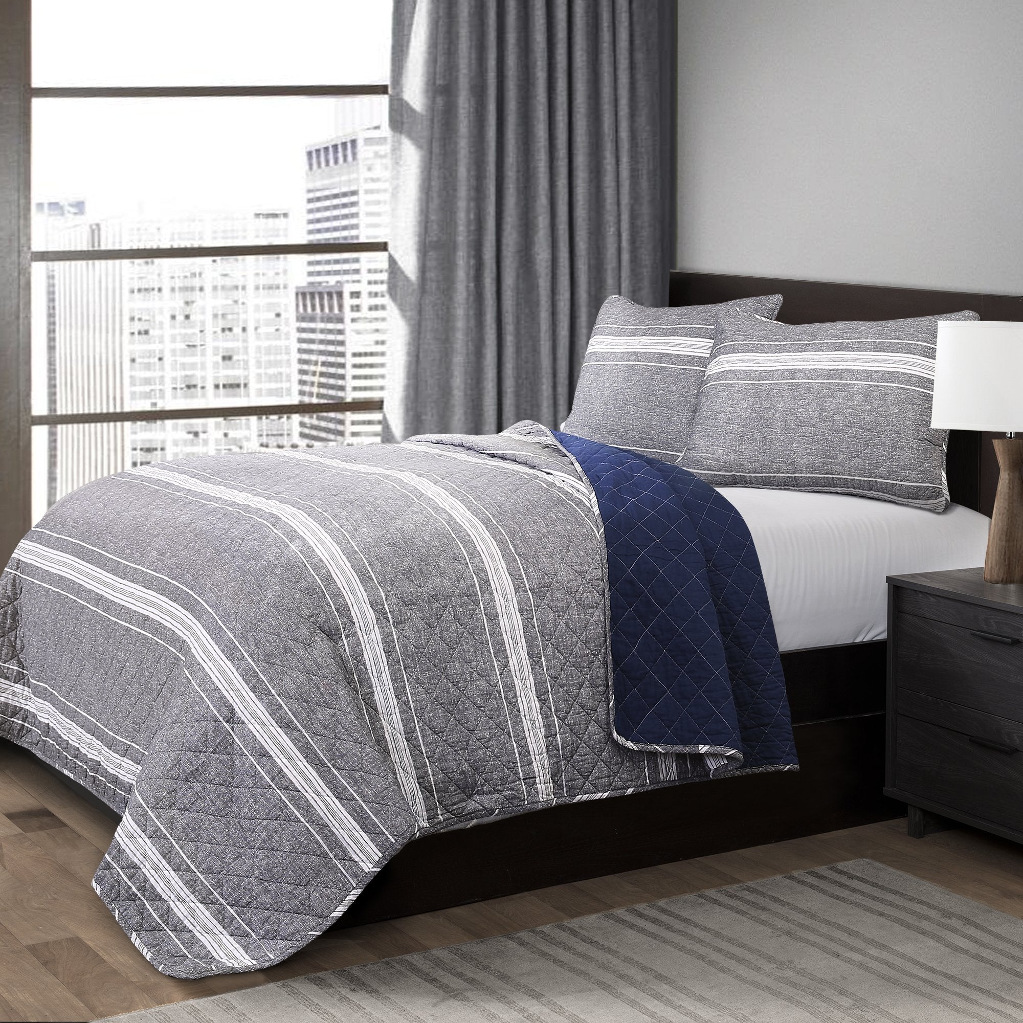 Lush Decor Lush D  cor Martlon Stripe 3 Piece Quilt Set, Full/Queen, Gray