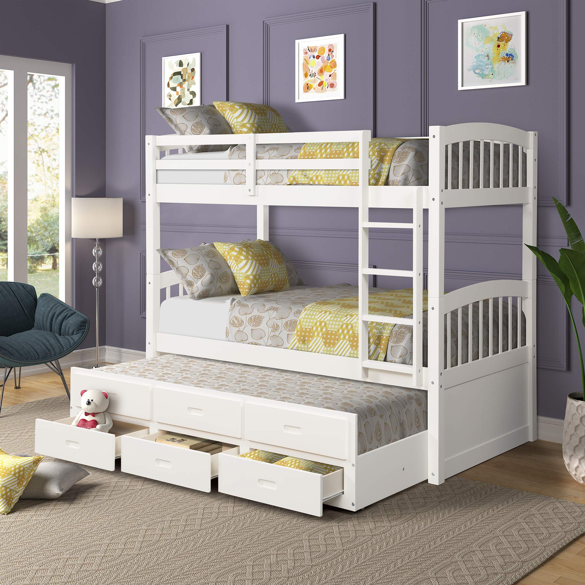 Harper&Bright Designs Twin Over Twin Bunk Bed with Safety Rail, Ladder, White Twin Trundle Bed with 3 Drawers for Kids, Teens Be