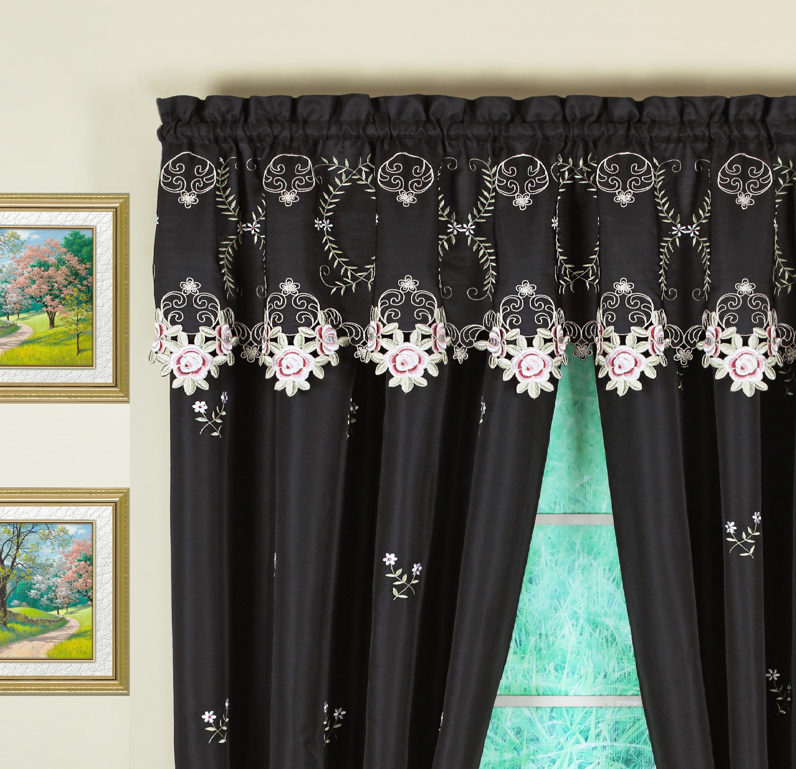 Todays Curtain Verona Reverse Embroidery Panel Pair and Tiebacks, 72, Black/Rose, 80 W X 72 L
