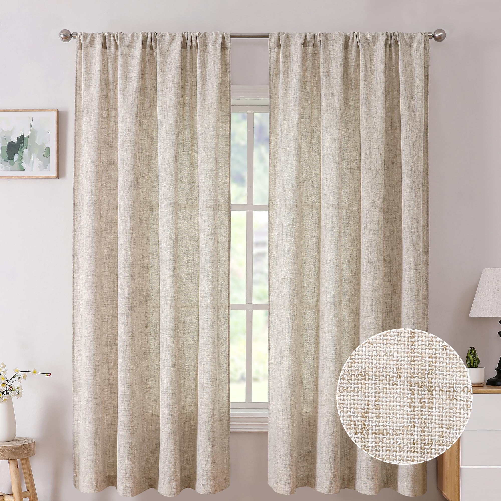 Tollpiz Short Linen Curtain Living Room Rod Pocket Semi Sheer Curtains Burlap Light Filtering Thick Linen Drape for Bedroom, 54 