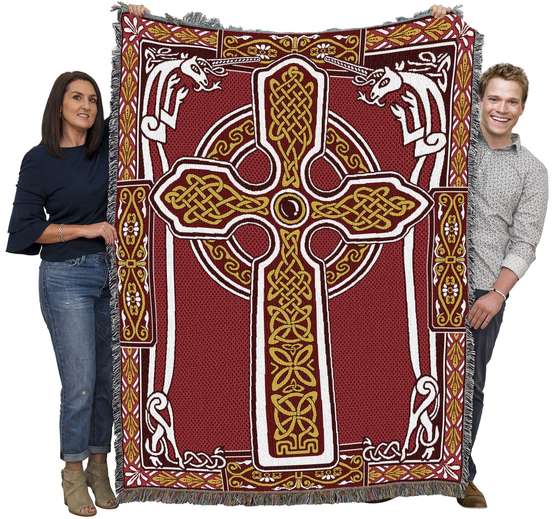 Pure Country Weavers Celtic Knots Cross with Unicorn Blanket - Red - Gift Tapestry Throw Woven from Cotton - Made in The USA (72