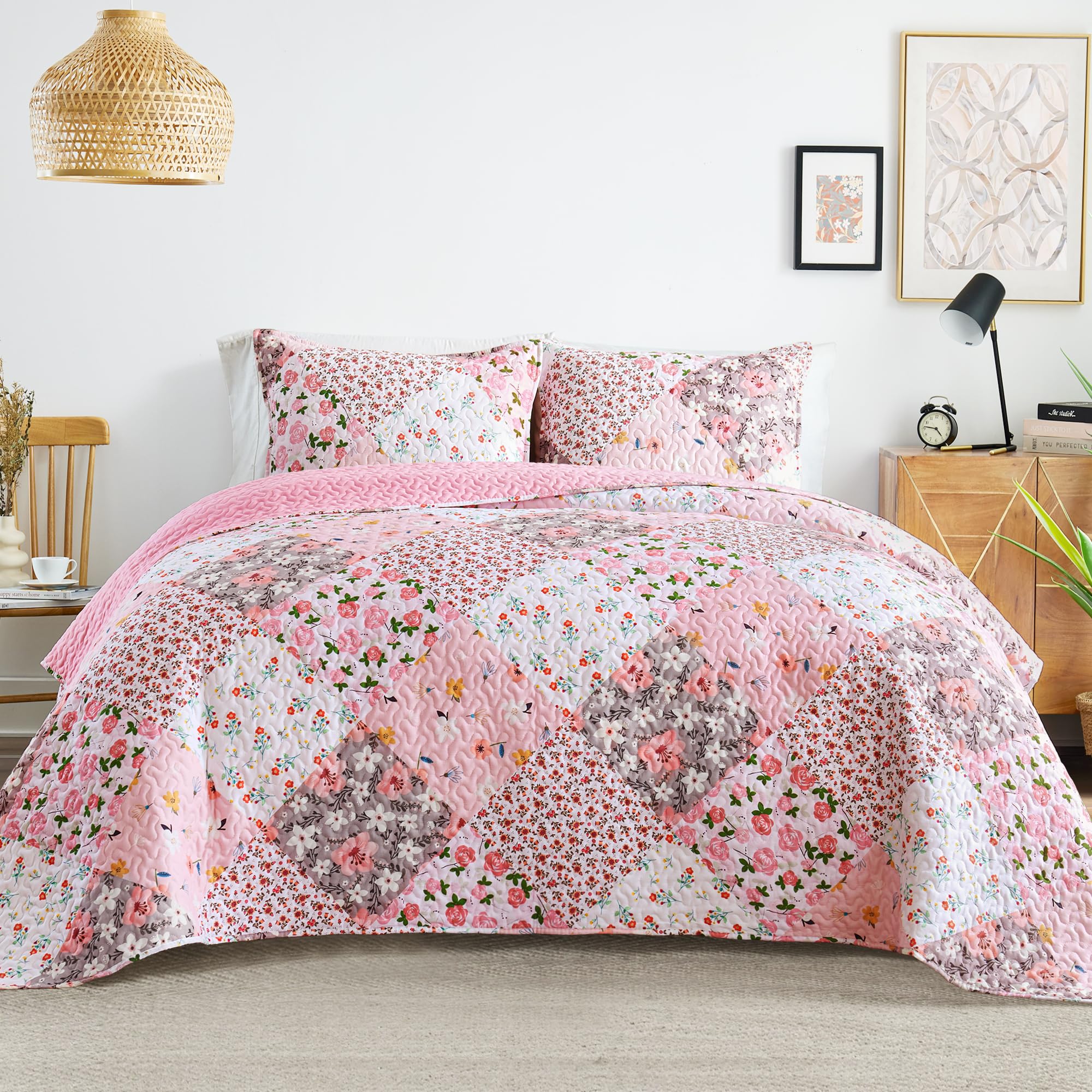 Whale Flotilla Reversible Patchwork Quilts King Size, Lightweight Boho Printed Bedspreads Coverlets Quilt Bedding Set with 2 Pil