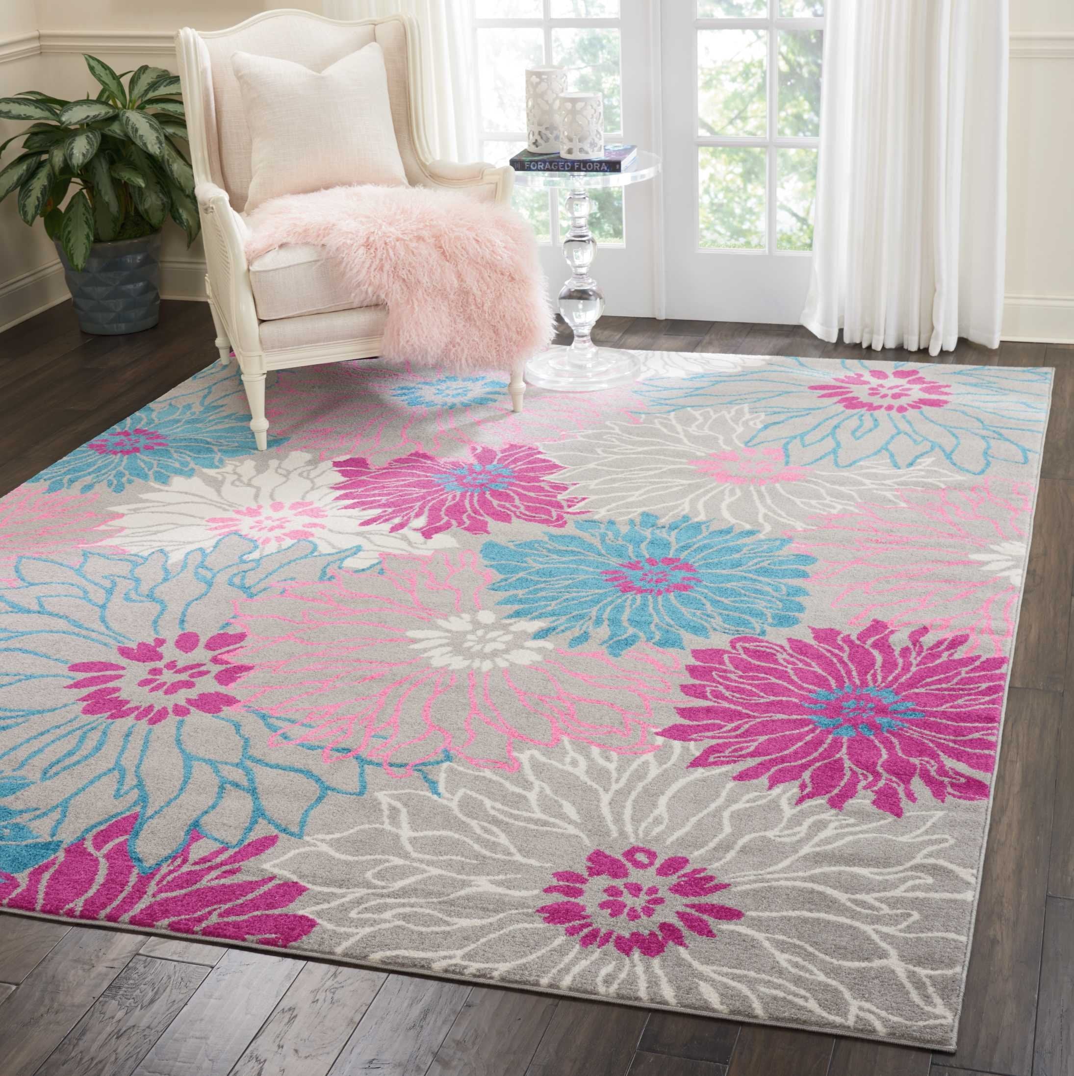 Nourison Passion Grey 8 x 10 Area Rug, Floral, Farmhouse, Easy Cleaning, Non Shedding, Bed Room, Living Room, Dining Room, Kit