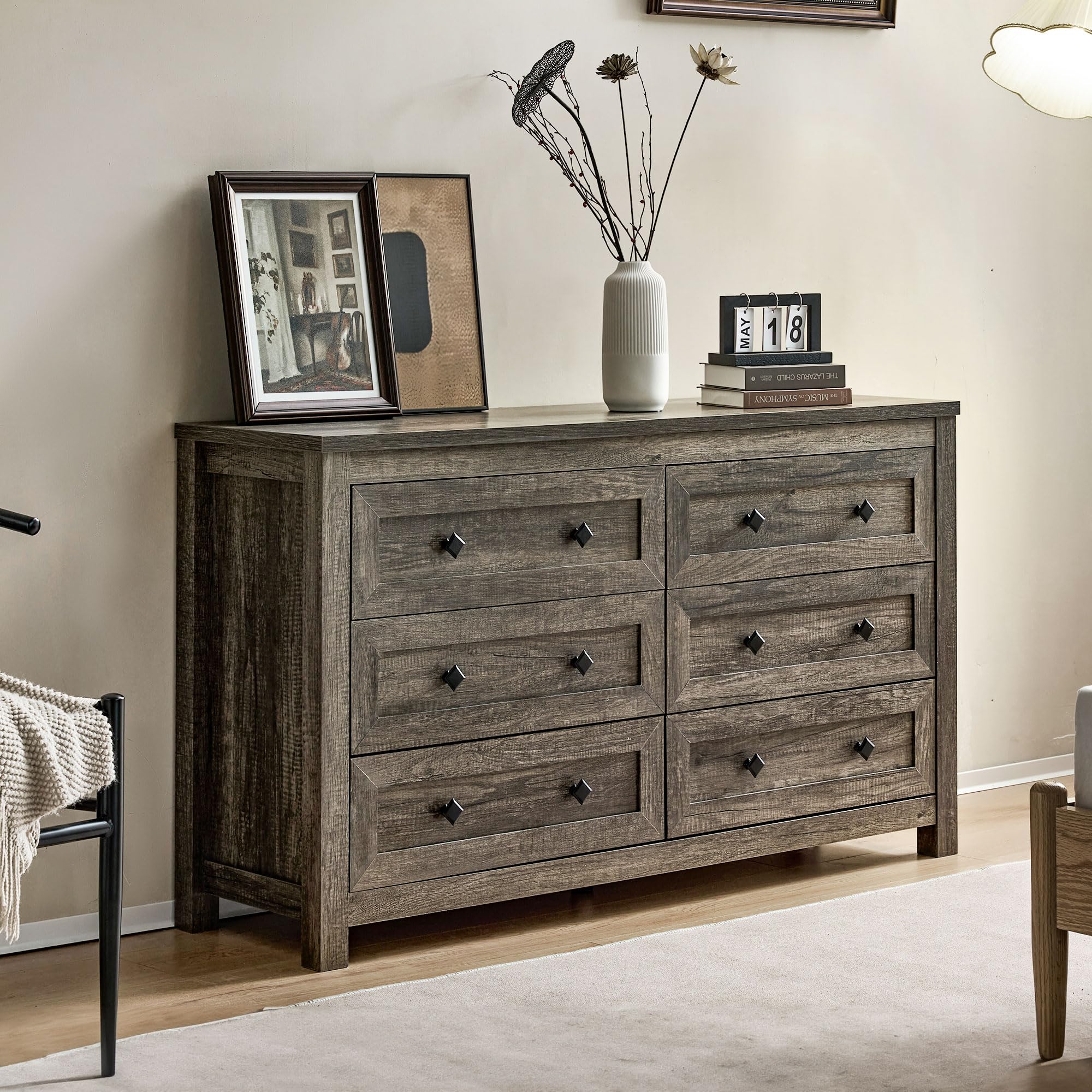VanAcc 6 Drawer Double Dresser for Bedroom, 54  Farmhouse Wood Chest of Drawers with Vintage Grain Texture, Drawer Dresser for B