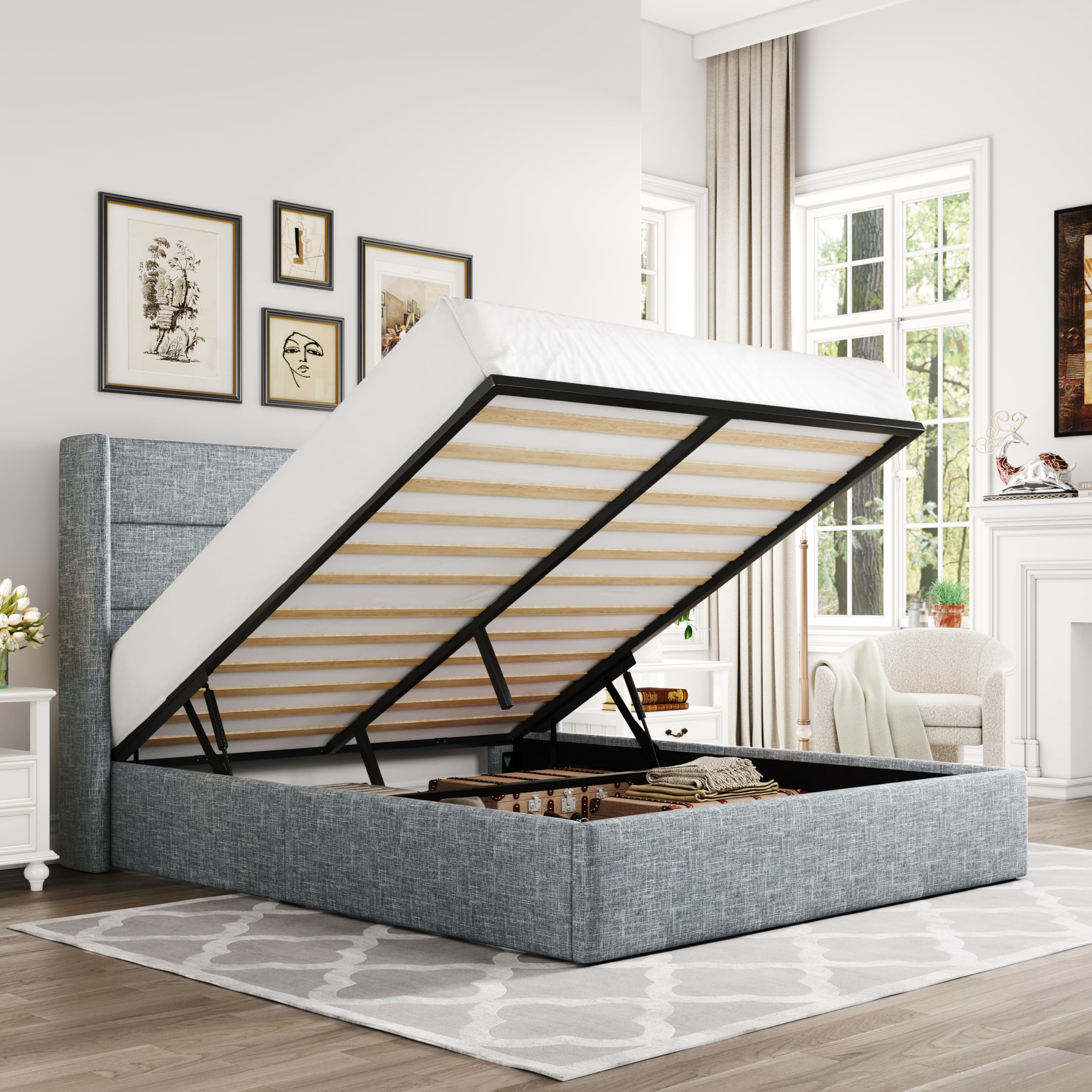 Allewie Queen Size Lift Up Storage Bed, Modern Wingback Headboard, No Box Spring Needed, Hydraulic Storage, Grey Blue