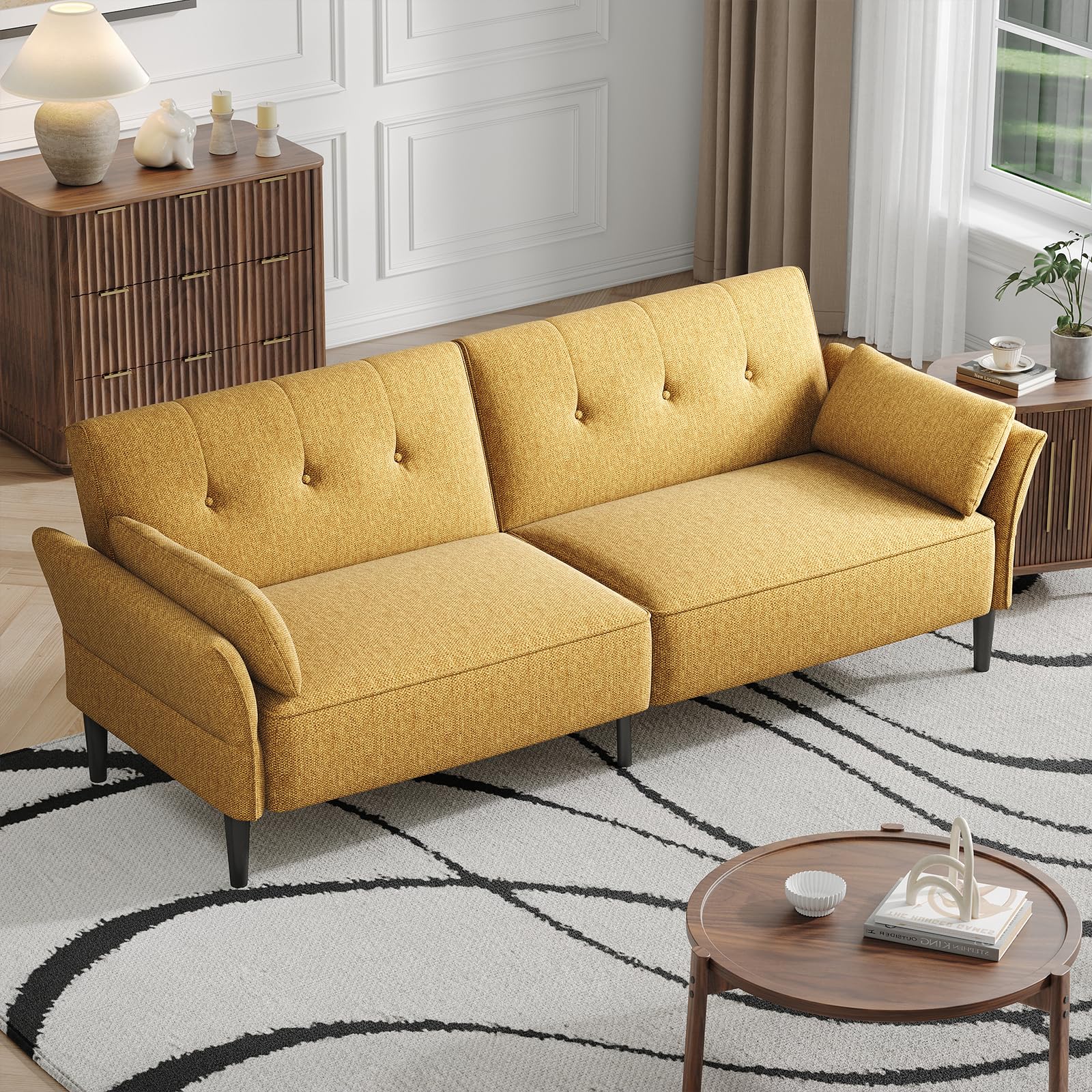COPIAE 89    Futon Sofa Bed, Linen Comfy Futon Couch Bed with 2 Square Pillows, Convertible Sleeper Sofa with Adjustable Backres
