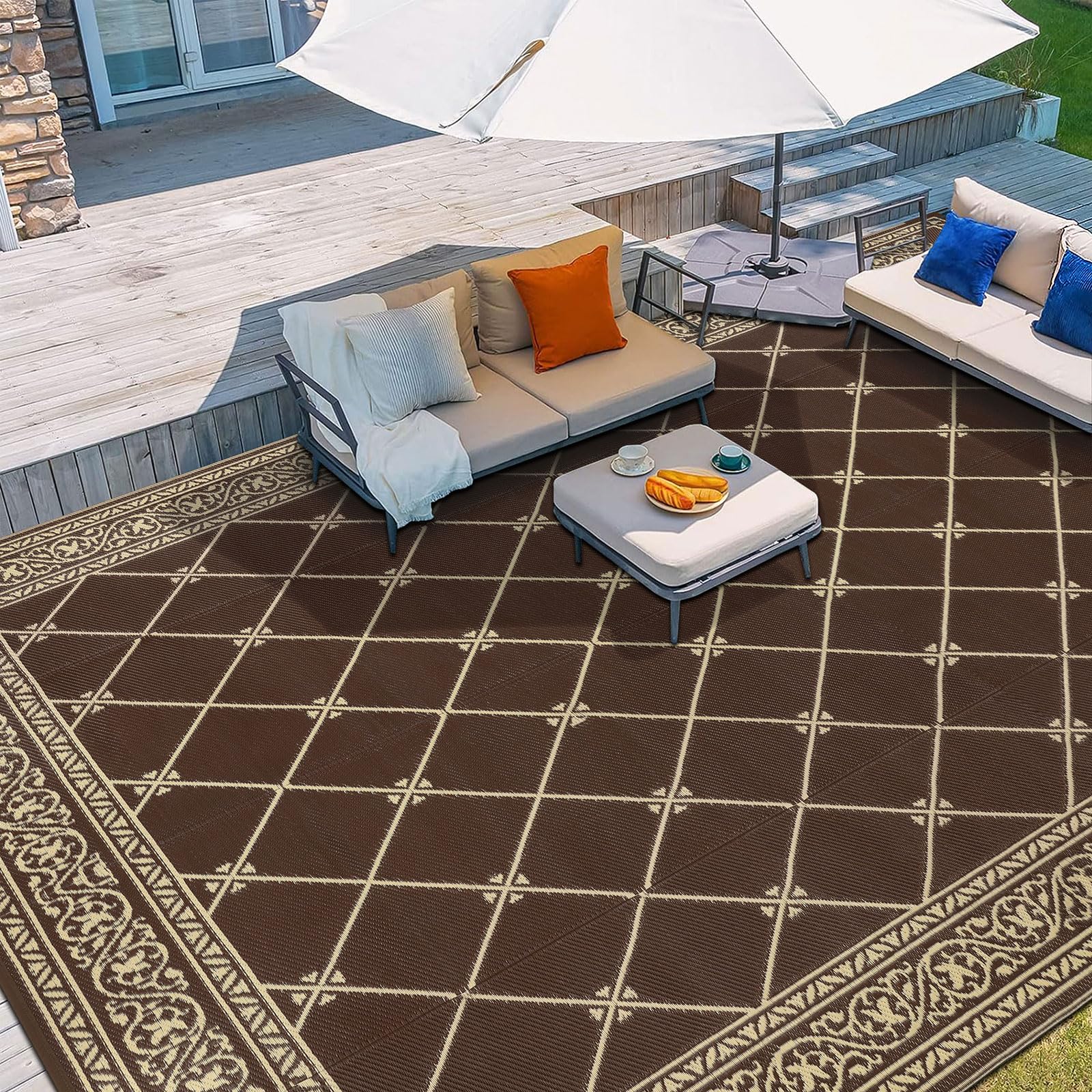 HiiARug 8x10 Outdoor Rug Outdoor Patio Rug, Reversible Waterproof Plastic Straw Rug Large Outdoor Rugs (8x10Ft, Brown)