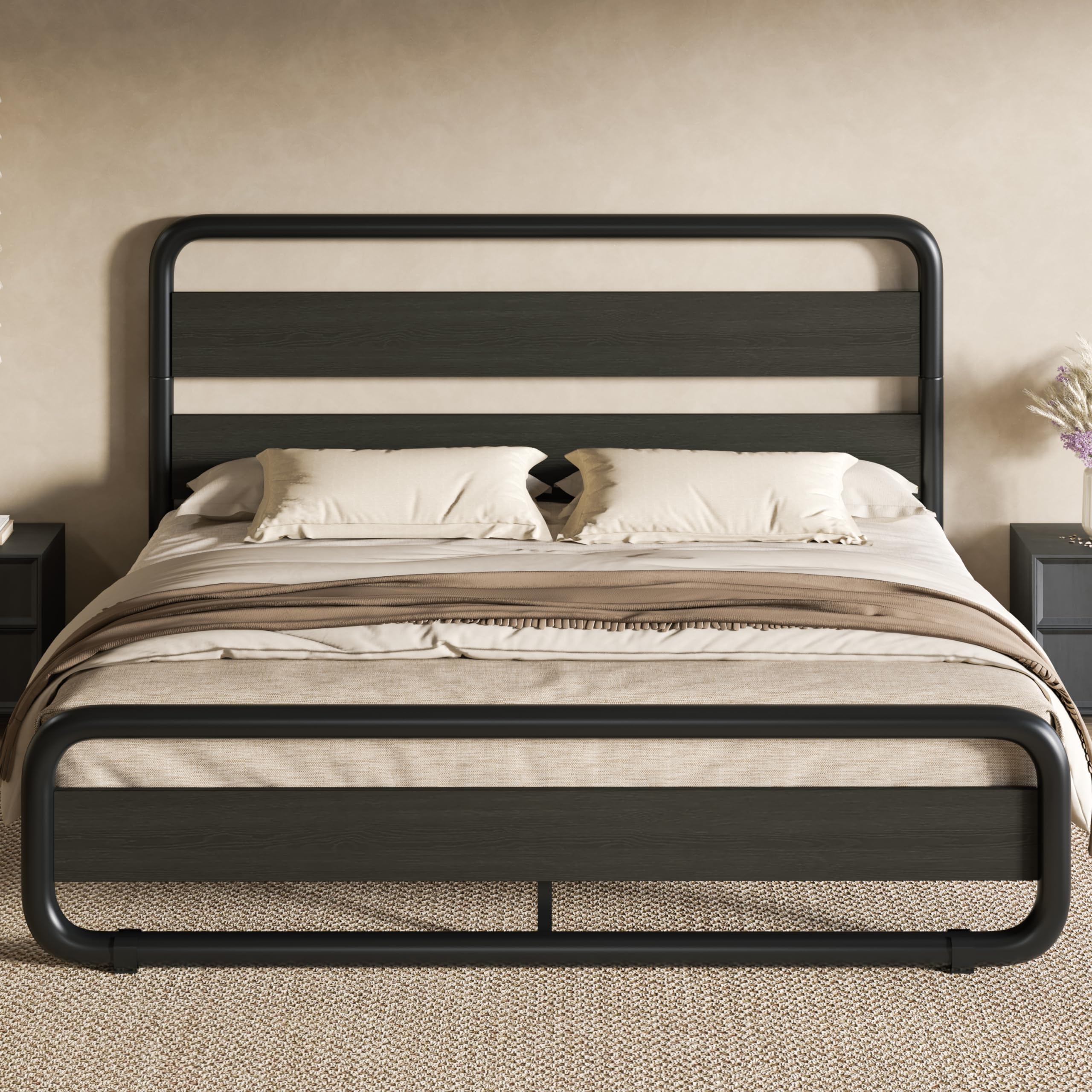 SHA CERLIN Full Size Metal Bed Frame with Wooden Headboard and Footboard, Heavy Duty Oval-Shaped Platform Bed Frame with 10 Unde