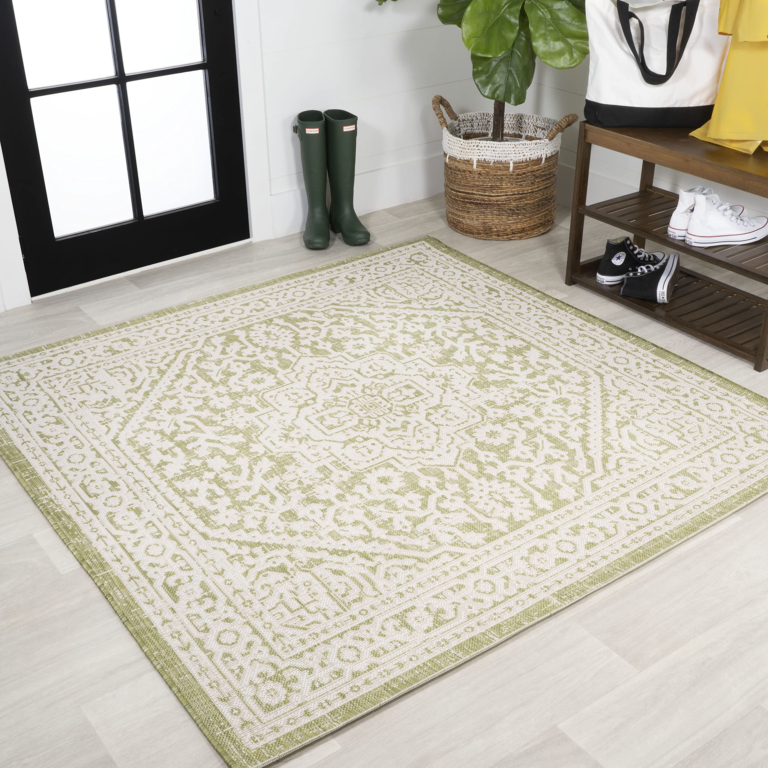 JONATHAN Y Medallion Weave Indoor Outdoor Square Area Rug 5X5 Green/Cream, Sinjuri Textured for Backyard, Patio, Porch, Easy-Cle