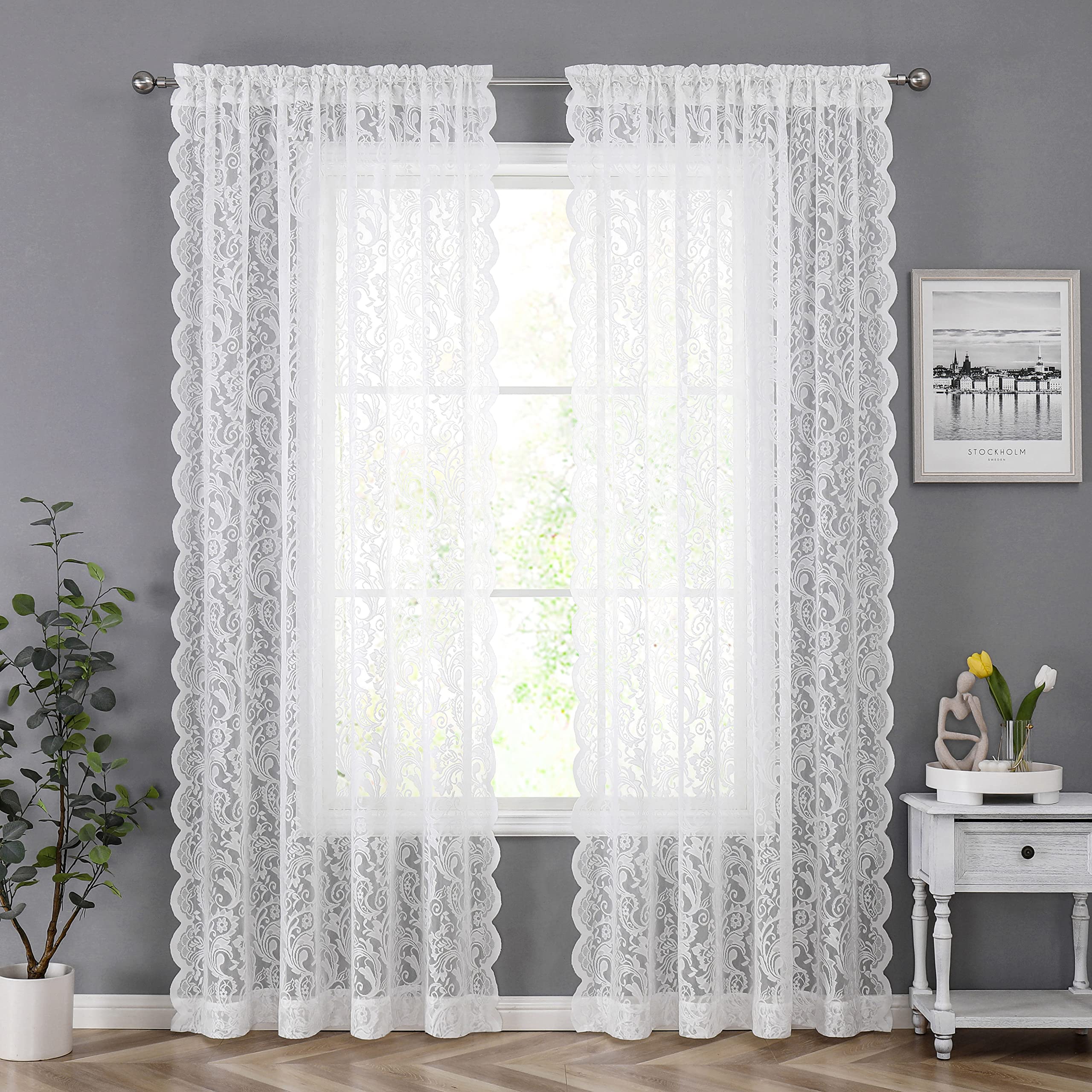 Bujasso White Lace Window Curtains Vintage Floral Sheer Curtain Panels 95 inch for Living Room Bedroom Elegant Light Filtering W