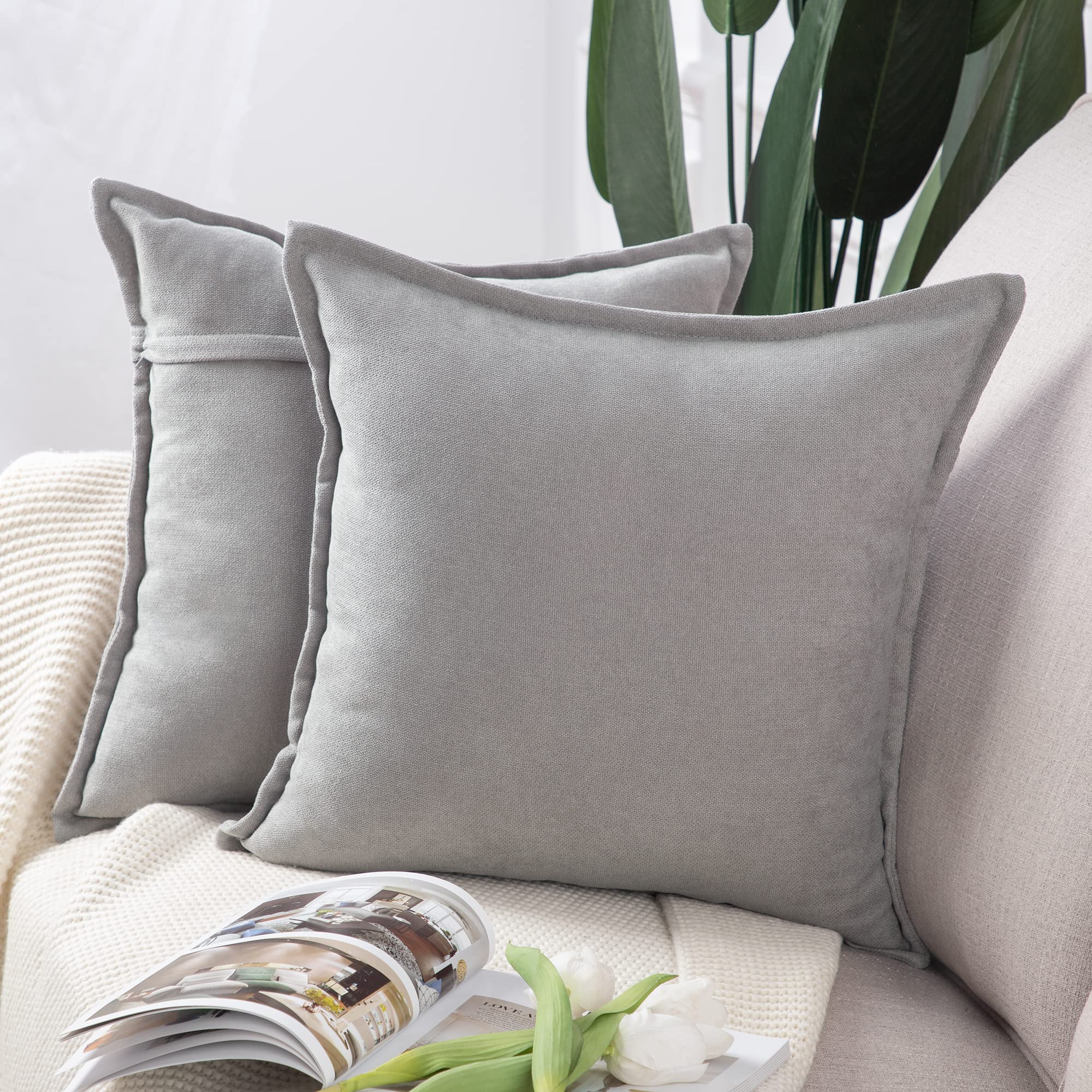 MADIZZ Set of 2 Short Chenille Throw Pillow Covers 24x24 Inch Light Grey Soft Decorative Cushion Cover for Sofa Bedroom Pillow S