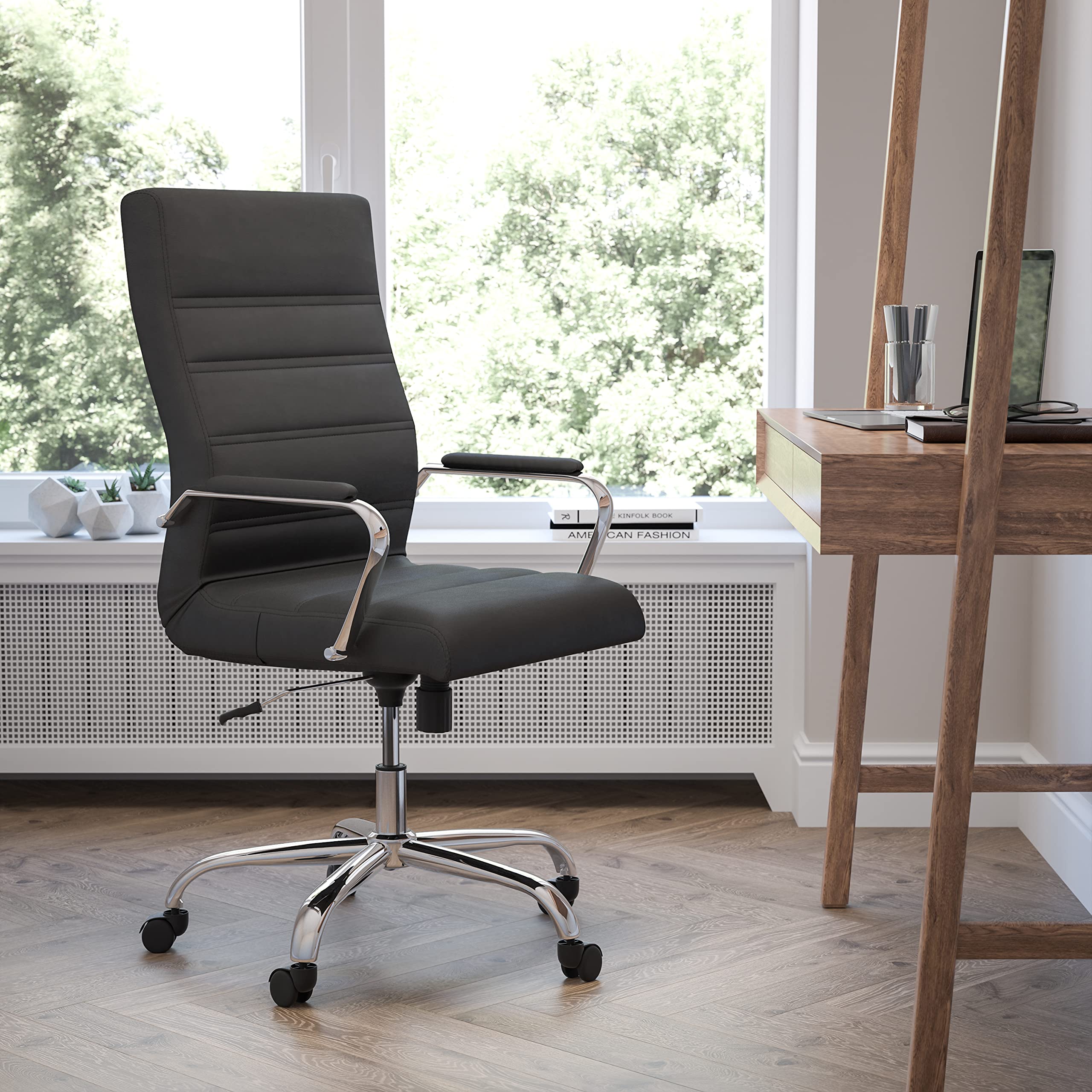 EMMA + OLIVER High Back Black LeatherSoft Executive Swivel Office Chair with Chrome Frame/Arms