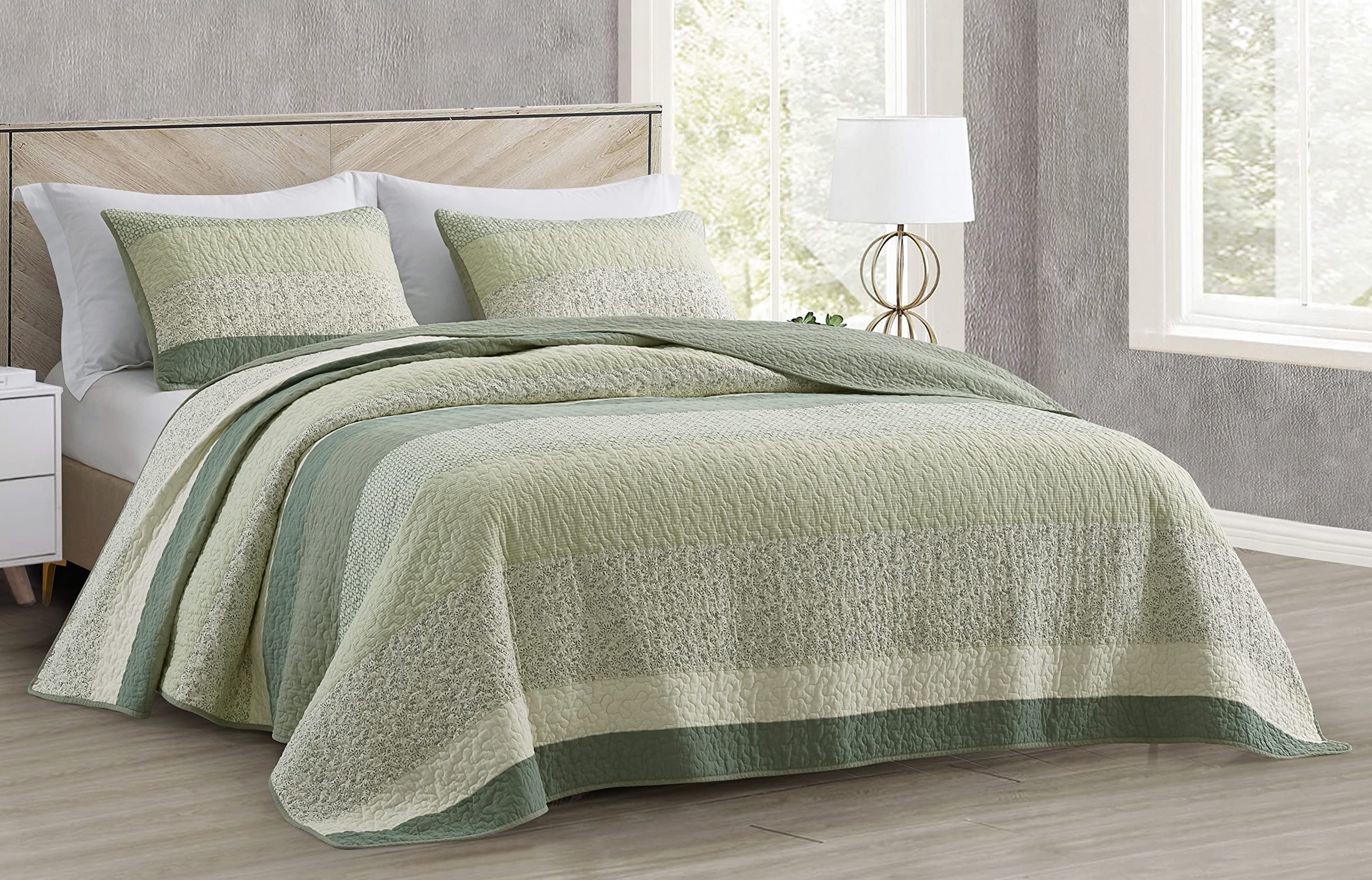 Chezmoi Collection Reed 3-Piece Chic Patchwork Striped Quilt Set - Green Floral Coverlet - Pre-Washed Cotton Lightweight Reversi