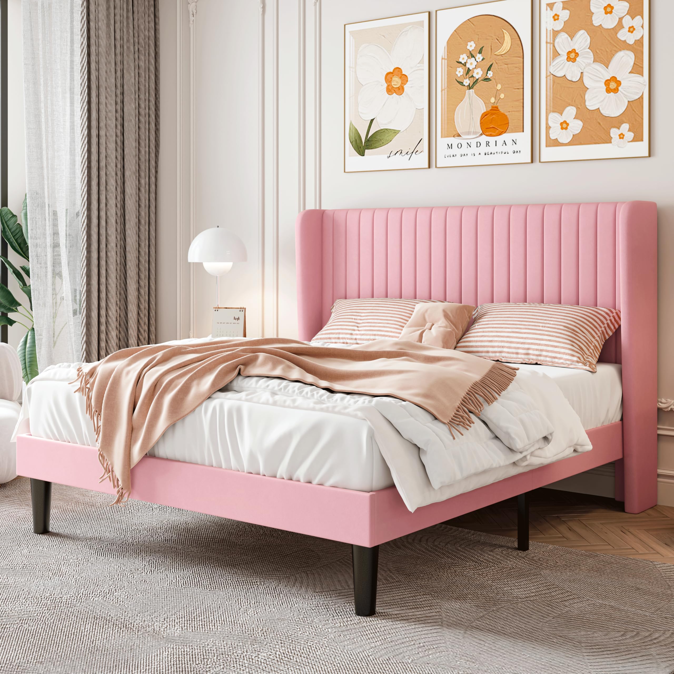SHA CERLIN Full Size Velvet Bed Frame with Vertical Channel Tufted Wingback Headboard, Upholstered Platform Bed with Wood Slats,