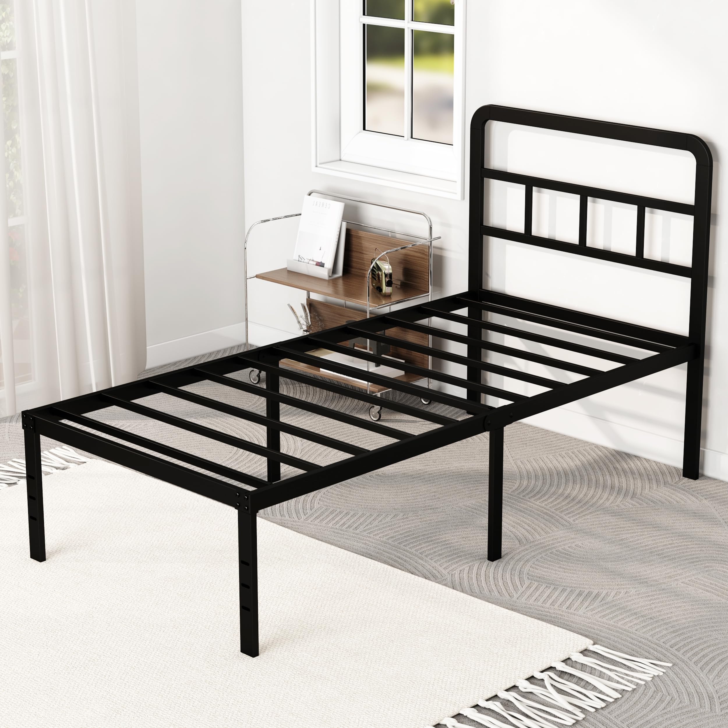 DiaOutro 18 Inch Twin XL Bed Frame with Headboard No Box Spring Needed Metal Platform Heavy Duty Steel Slat Mattress Foundation/