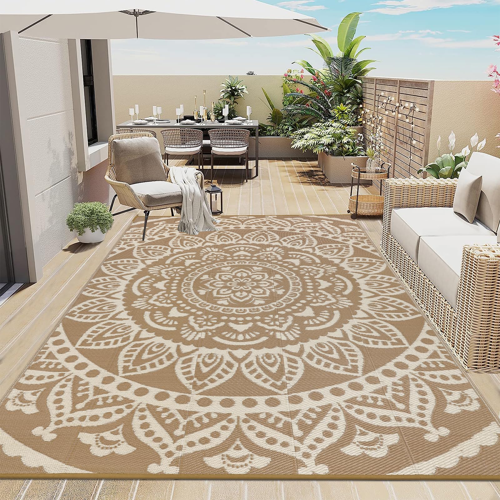 Bsmathom Waterproof Outdoor Rug 6x9 Reversible Boho Plastic Straw Patio Deck Camping Rugs, Indoor Outdoor Portable RV Mat Clea