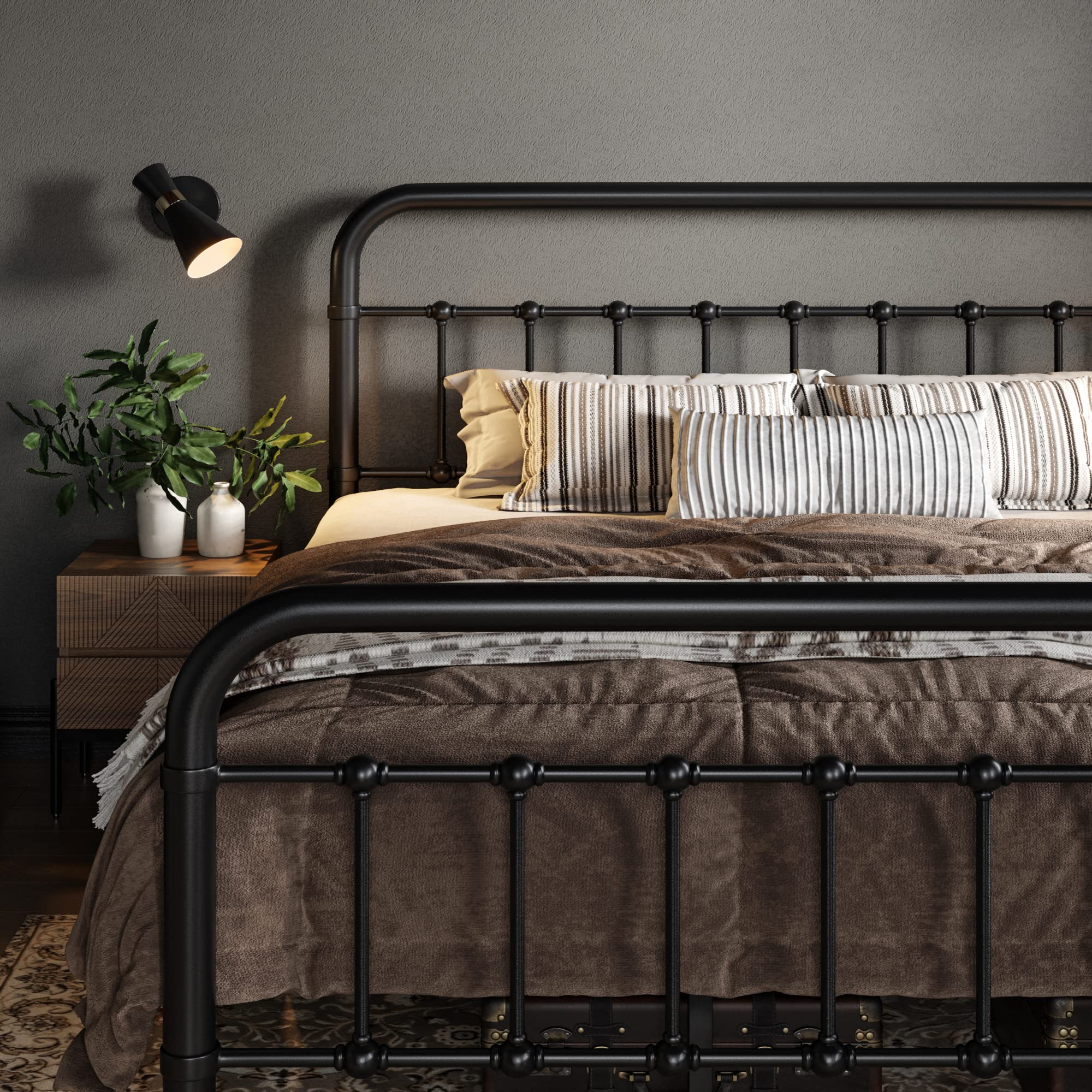 Allewie Queen Size Metal Platform Bed Frame with Victorian Style Wrought Iron-Art Headboard/Footboard, No Box Spring Required, B