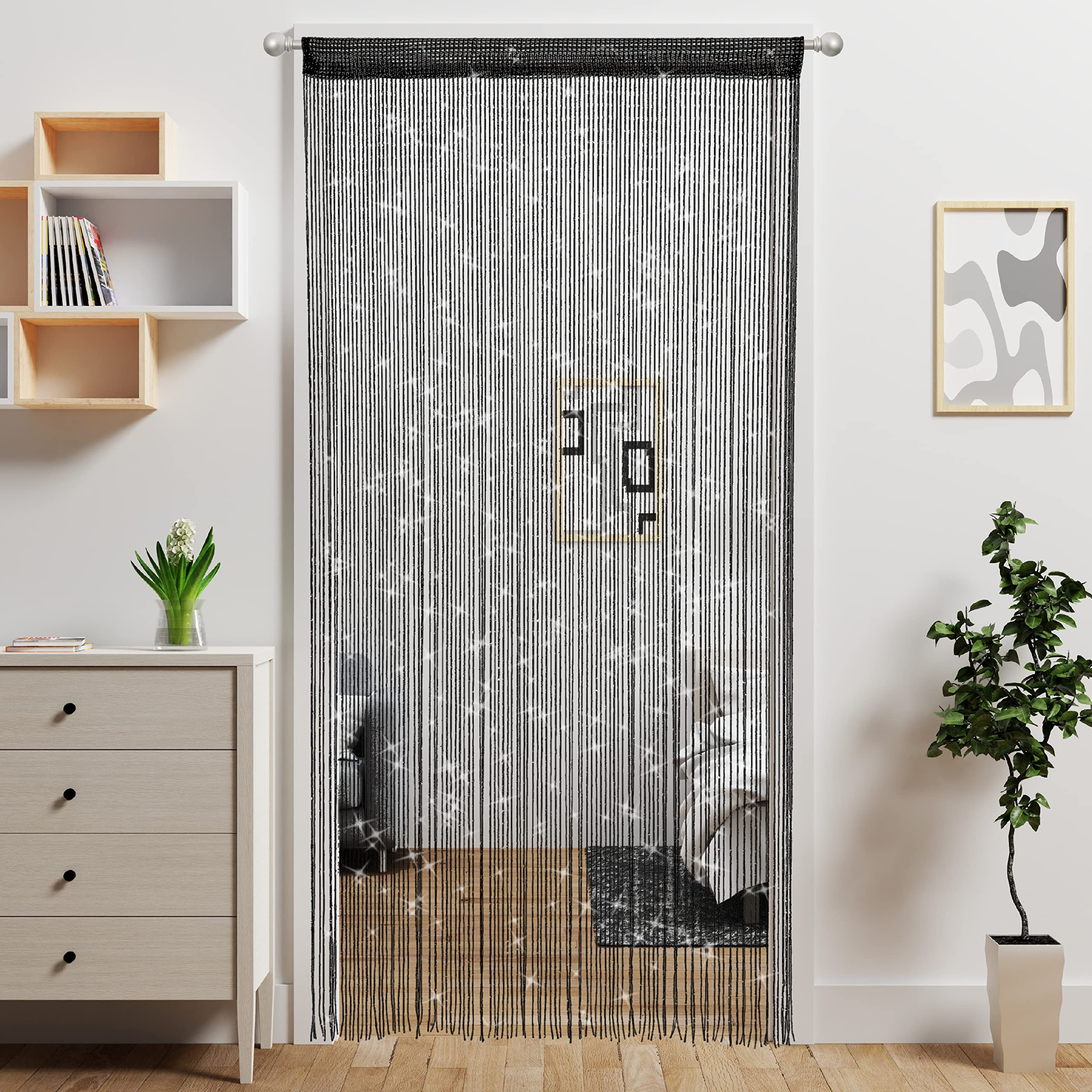4 Pcs Door String Curtain Doorway Beads Curtains,Hanging Room Divider Beaded Decor Hippie Glitter Fringe Panel Closet Window Wal