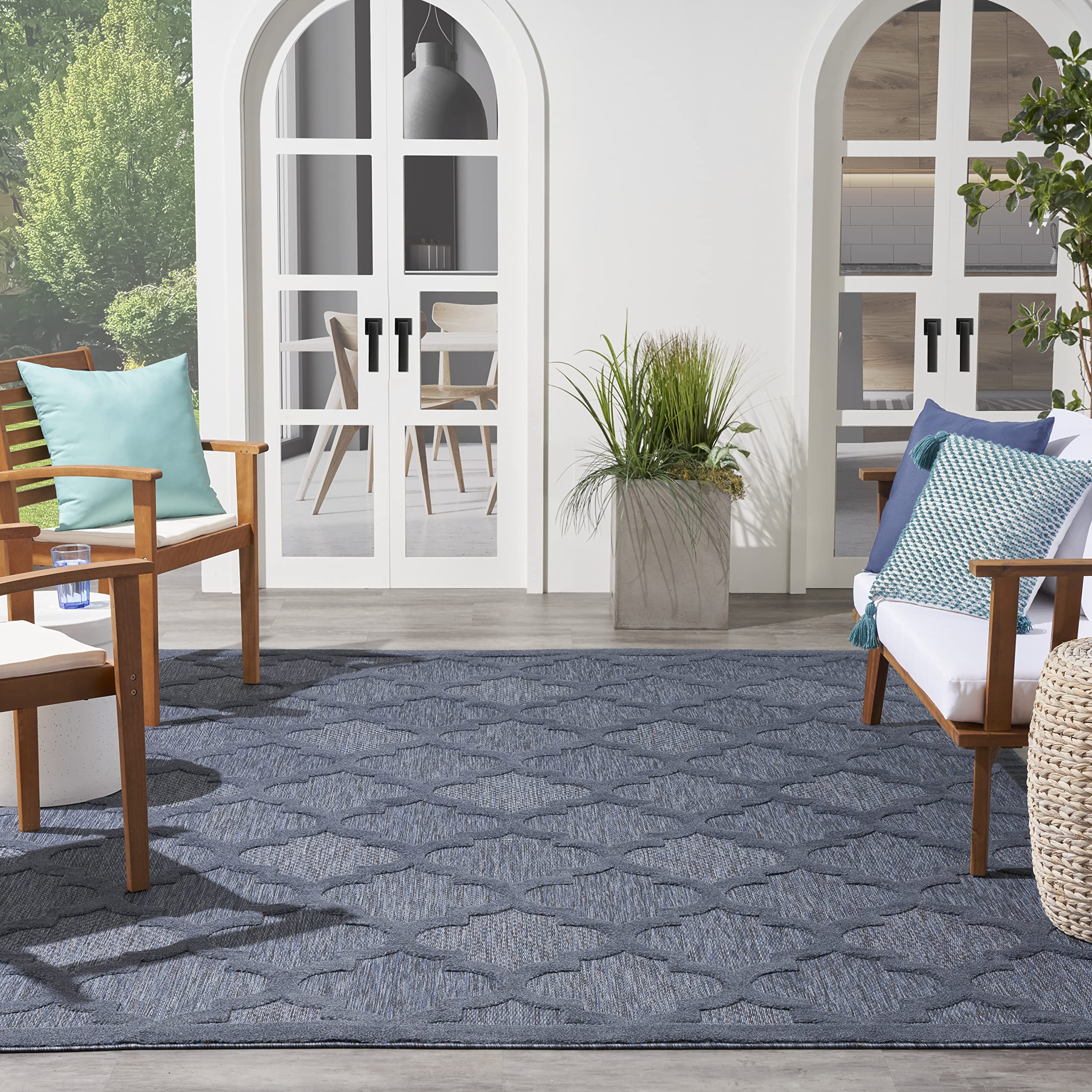 Nourison Home Easy Care Moroccan Navy Blue 8 x 10 Area Rug, Trellis, Easy Cleaning, Non Shedding, Bed Room, Living Room, Dinin